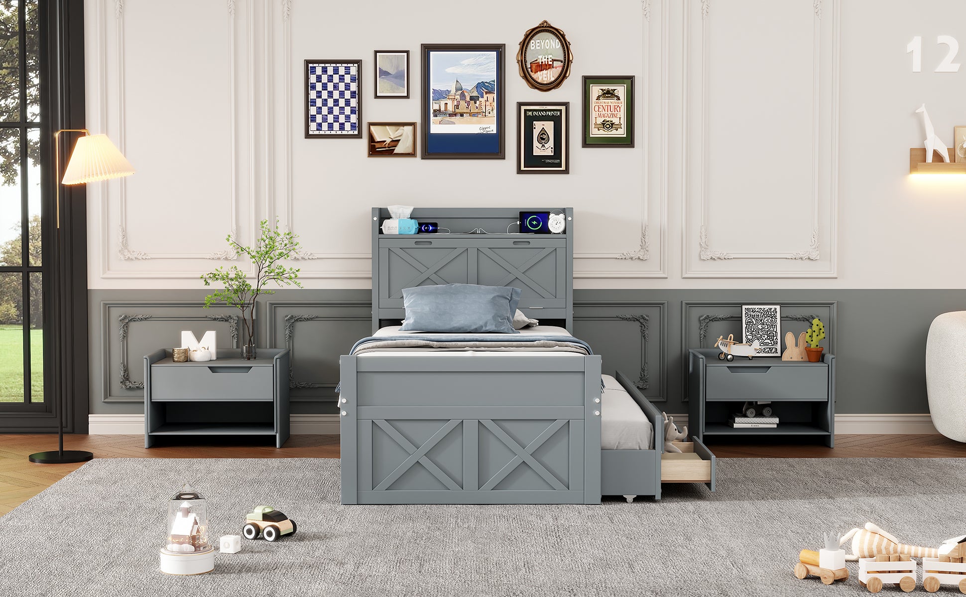 Twin Size Wooden Bed With Storage Headboard With Outlets, Extendable Bed With Twin Size Trundle With Three Storage Drawers,Gray Expected Arrival Time:8.23 Twin Gray Wood