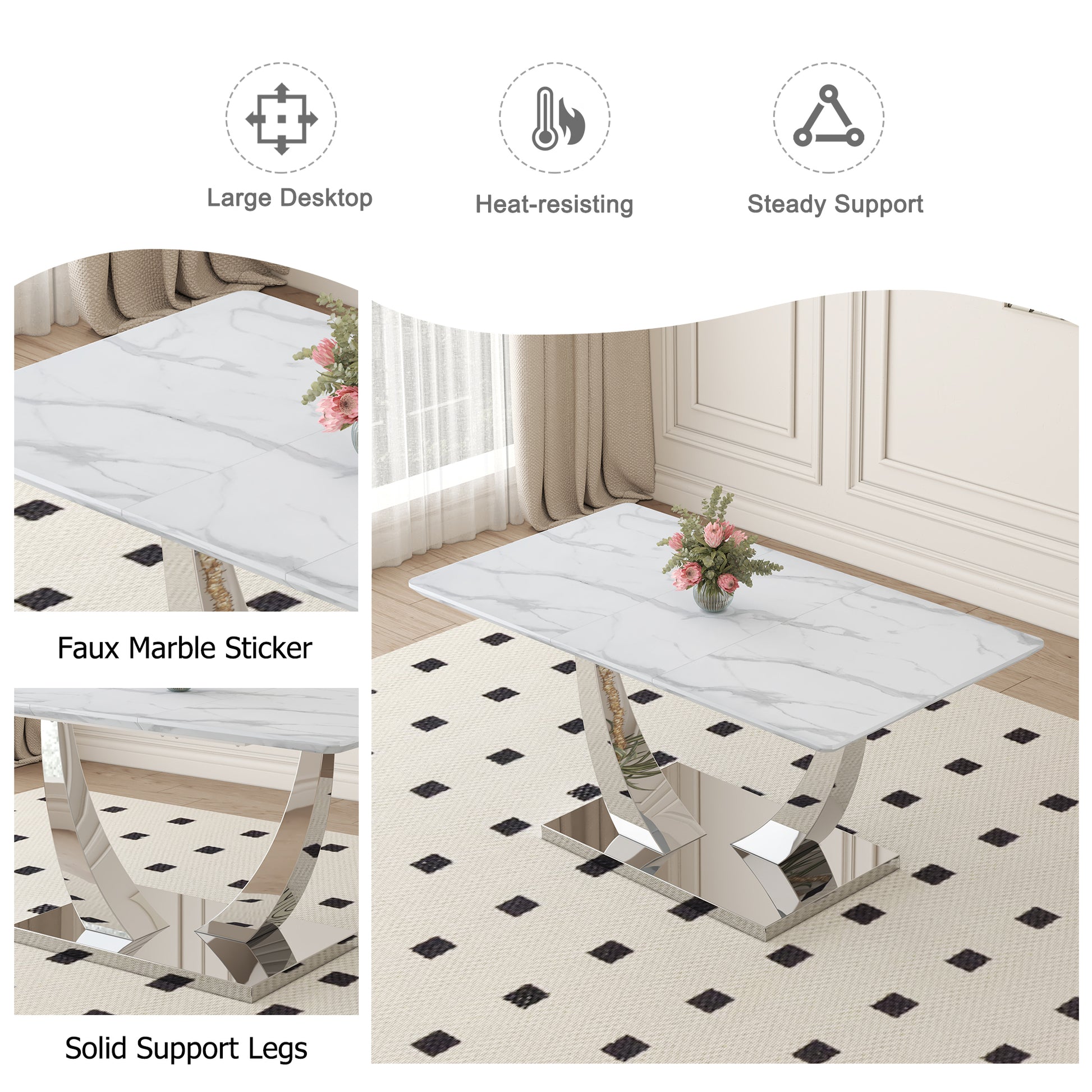 Table And Chair Set. Large Modern Rectangular Table With White Textured Top And Silver Metal Legs. Soft And Comfortable Pu Seats, Faux Leather Upholstered Seats And Sturdy Metal Legs. White Black Mdf Metal