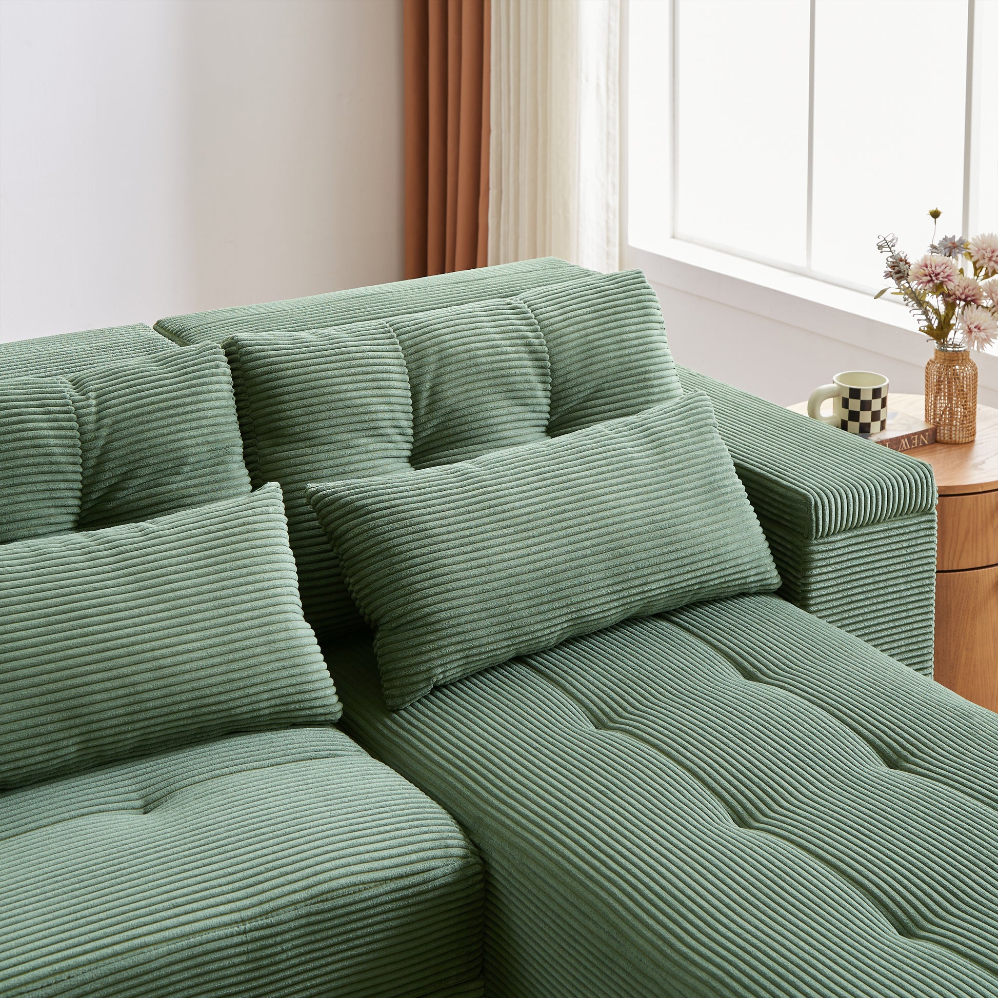 Convertible 3 In 1 Sleeper Sofa And Sectional Sofa With 4 Storage Space For Living Room,Corduroy Couch With 4 Pillows,Corduroy Army Green Corduroy 3 Seat