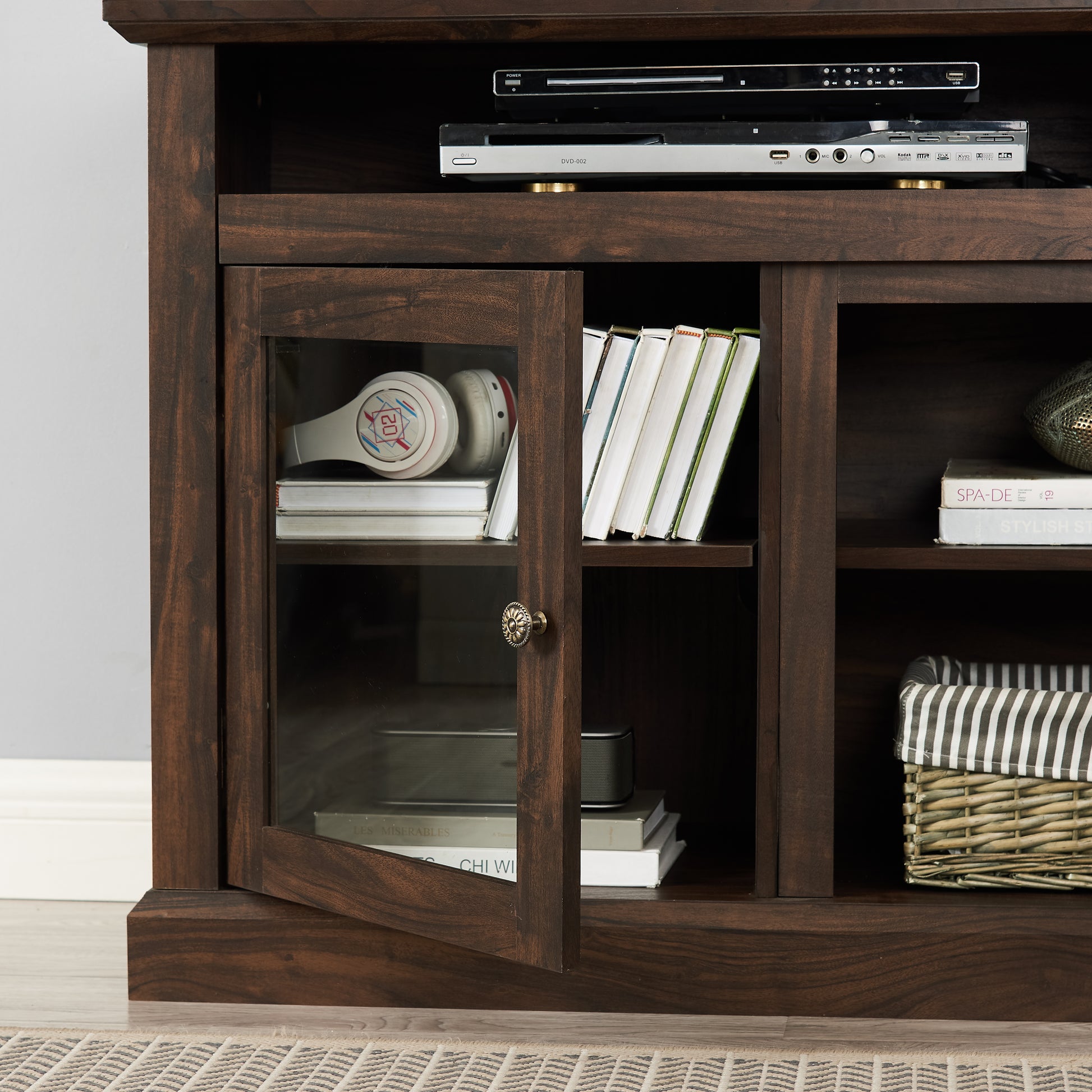 Modern Tv Stand Media Stand Modern Entertainment Console For Tv Up To 65" With Glass Door Open And Closed Storage Space, Brown, 60"W*15.75"D*29"H Brown 60 69 Inches Mdf