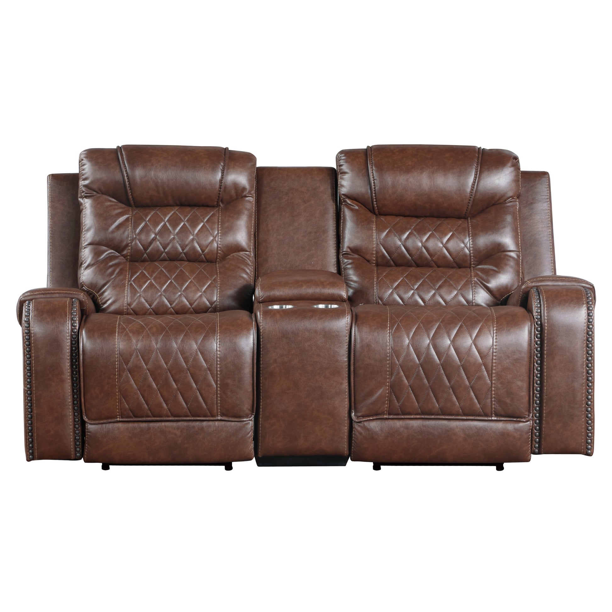 Luxurious Living Room Furniture Brown Diamond Pattern Stitching 1Pc Power Double Reclining Loveseat With Center Console, Usb Ports,Faux Leather Upholstery Brown Faux Leather Wood Primary Living Space Luxury,Modern Solid Wood