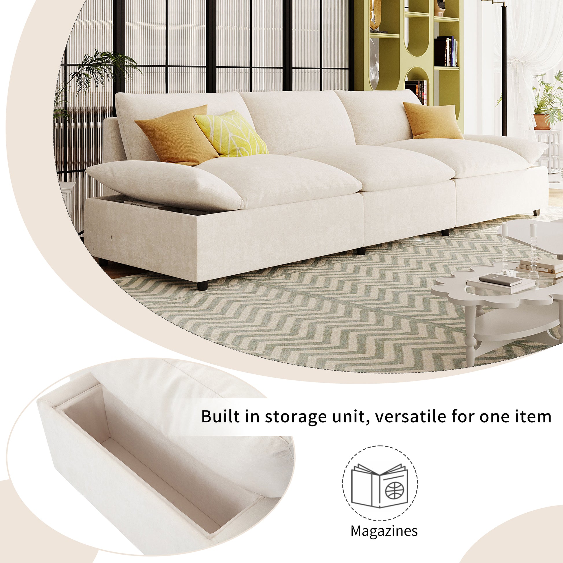 119.5'' 3 Seater Sofa With 2 Storage Unitsfor Living Room, Office, Apartment Beige Polyester 3 Seat