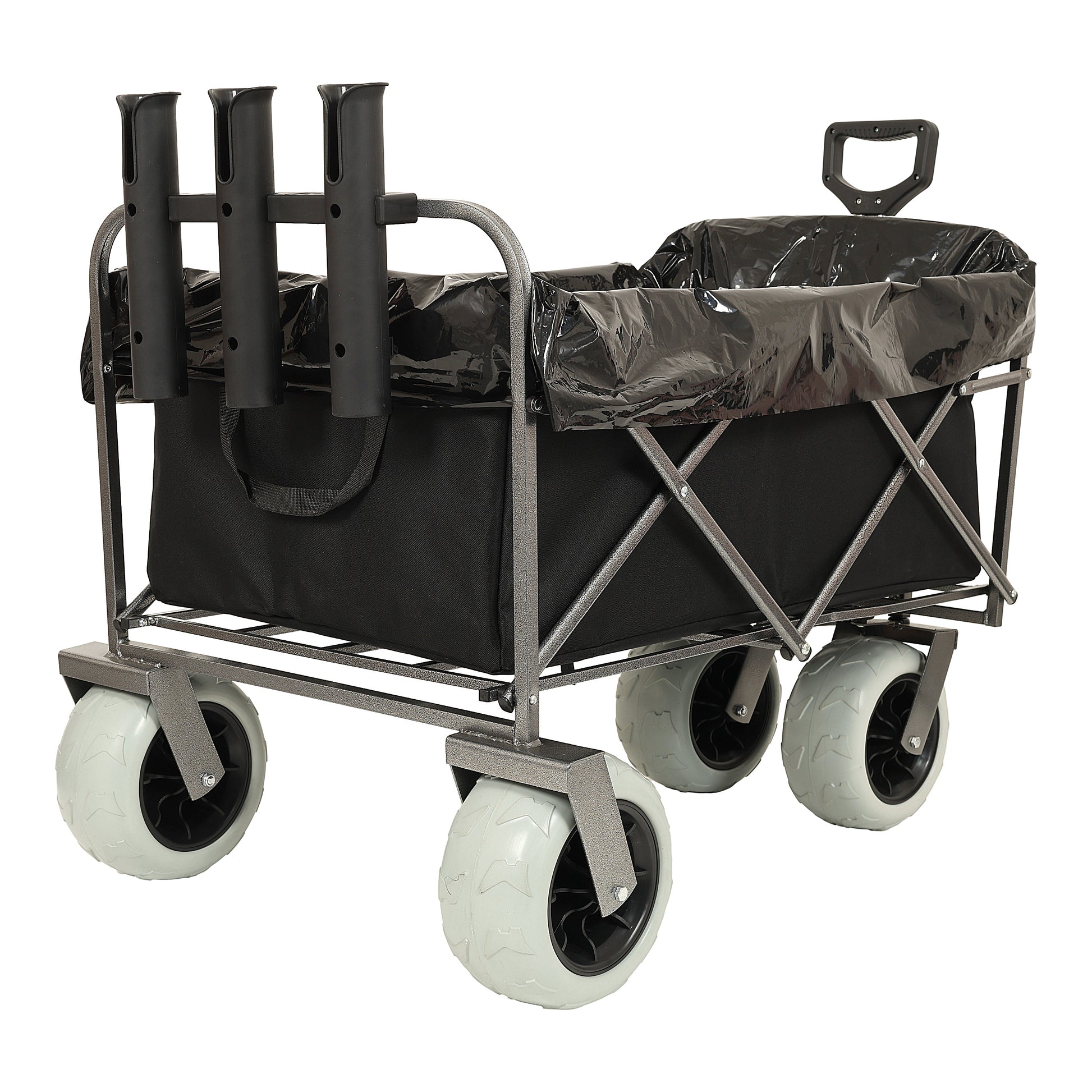 Fishing Cart With Rod Holders ,Beach Wagon With Big Wheels For Sand 500Lbs Capacity All Terrain Steel Frame Utility Cart With 9" Pneumatic Tires,Strap With Multiuse Bag ,Black Black Steel