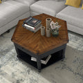 2 Tier Retro Hexagon Living Room Solid Wood Coffee Table With Shelf & Drawer, 36'' Mid Century Center Coffee Table For Living Room, Office. Black And Cherry Top Black Pine
