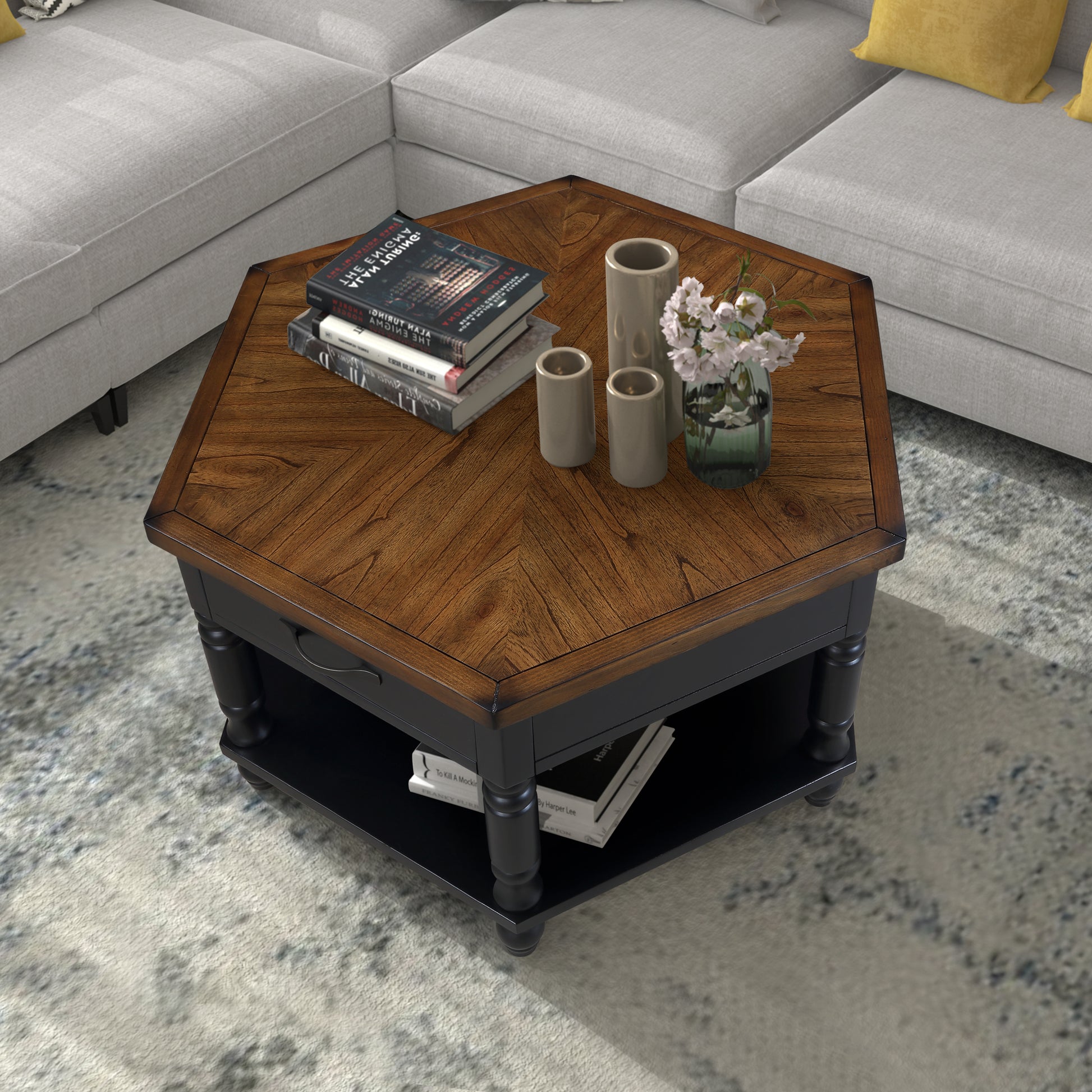 2 Tier Retro Hexagon Living Room Solid Wood Coffee Table With Shelf & Drawer, 36'' Mid Century Center Coffee Table For Living Room, Office. Black And Cherry Top Black Pine
