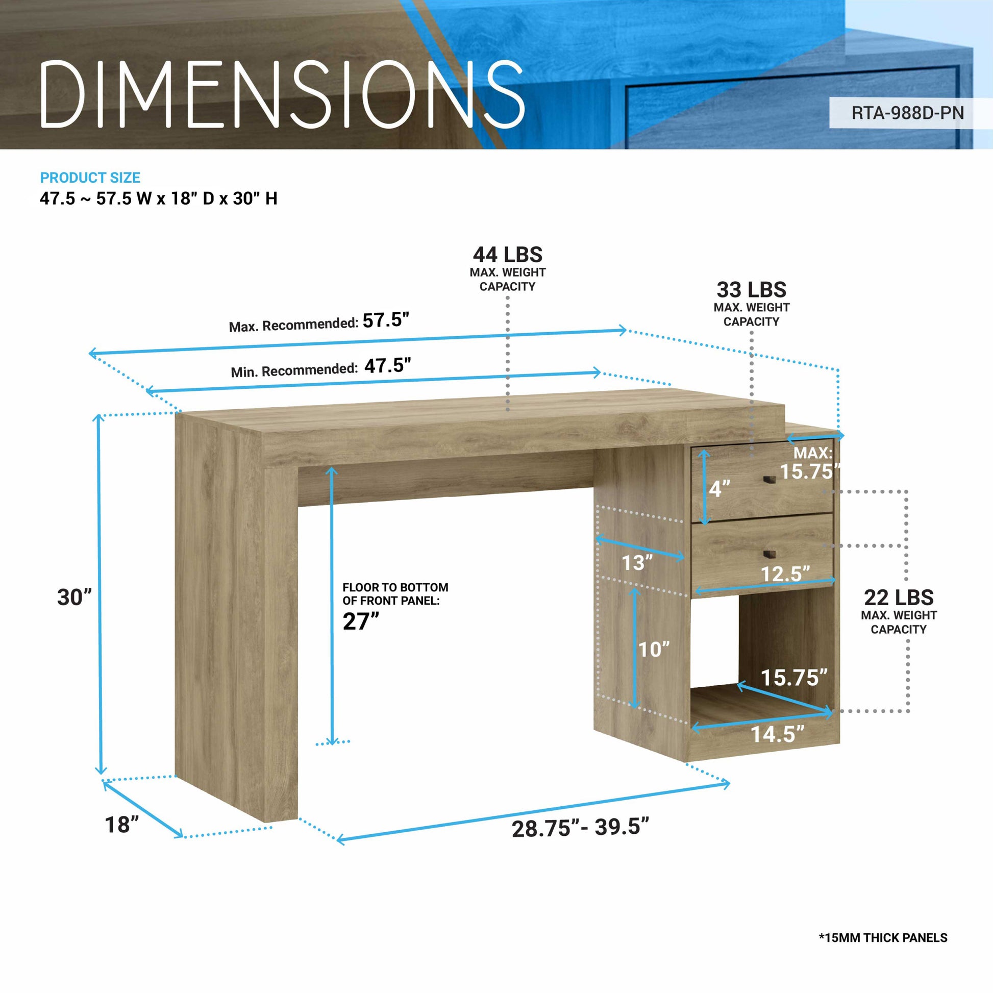 Techni Mobili Expandable Home Office Desk, Pine Light Brown Writting Desk Office Modern Rectangular Rectangular Mdf