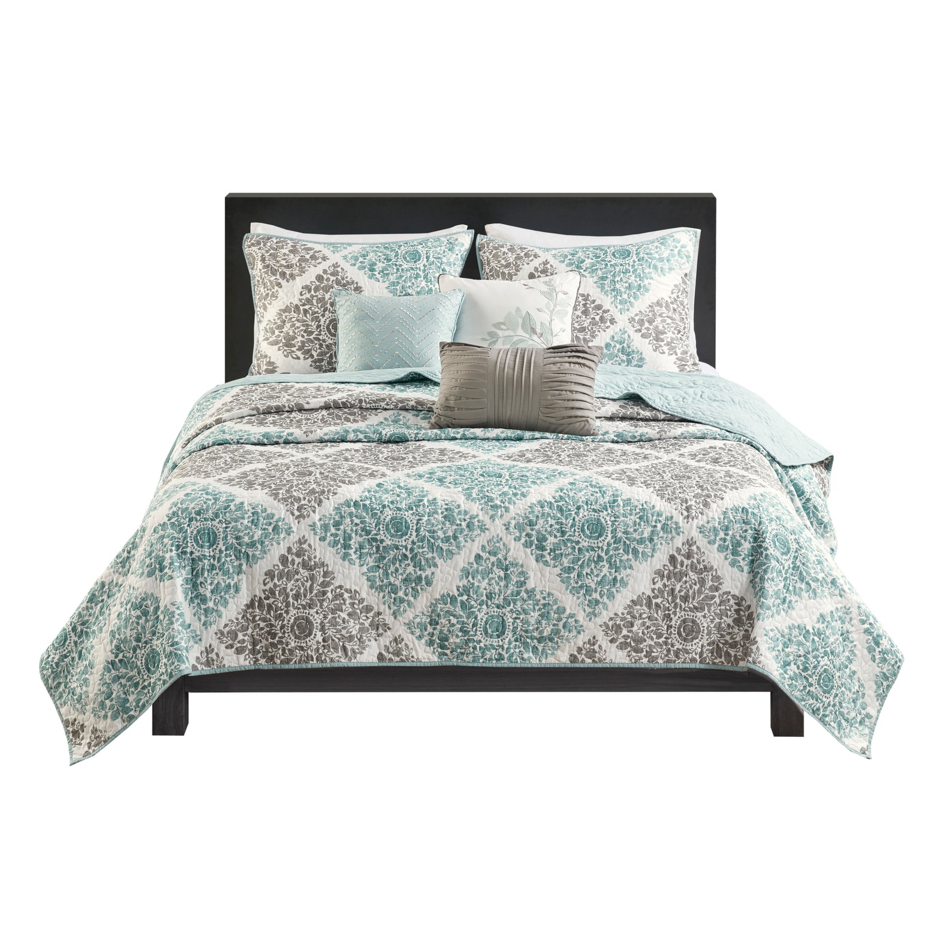 6 Piece Printed Quilt Set With Throw Pillows Aqua King Cal King King Aqua Cotton