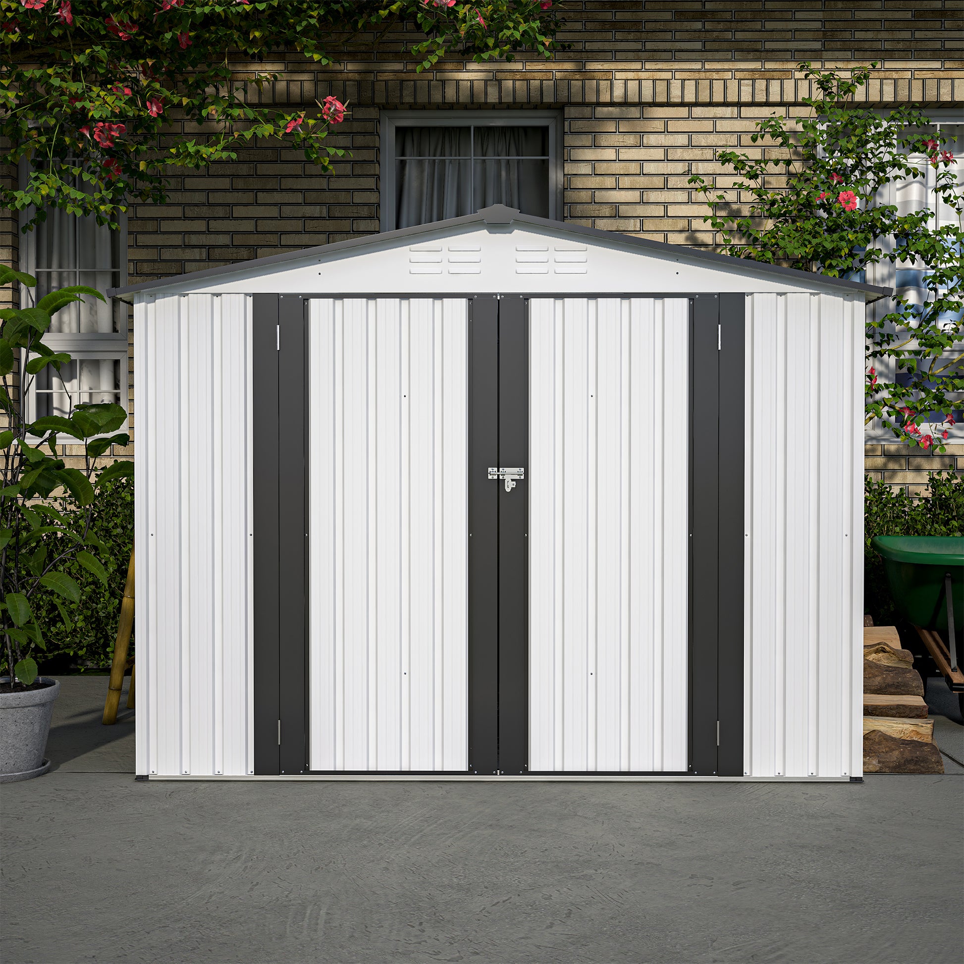 8 X 6 Ft Outdoor Storage Shed, All Weather Metal Sheds With 2 Lockable Doors, Tool Shed For Garden, Backyard, Lawn,White White Metal