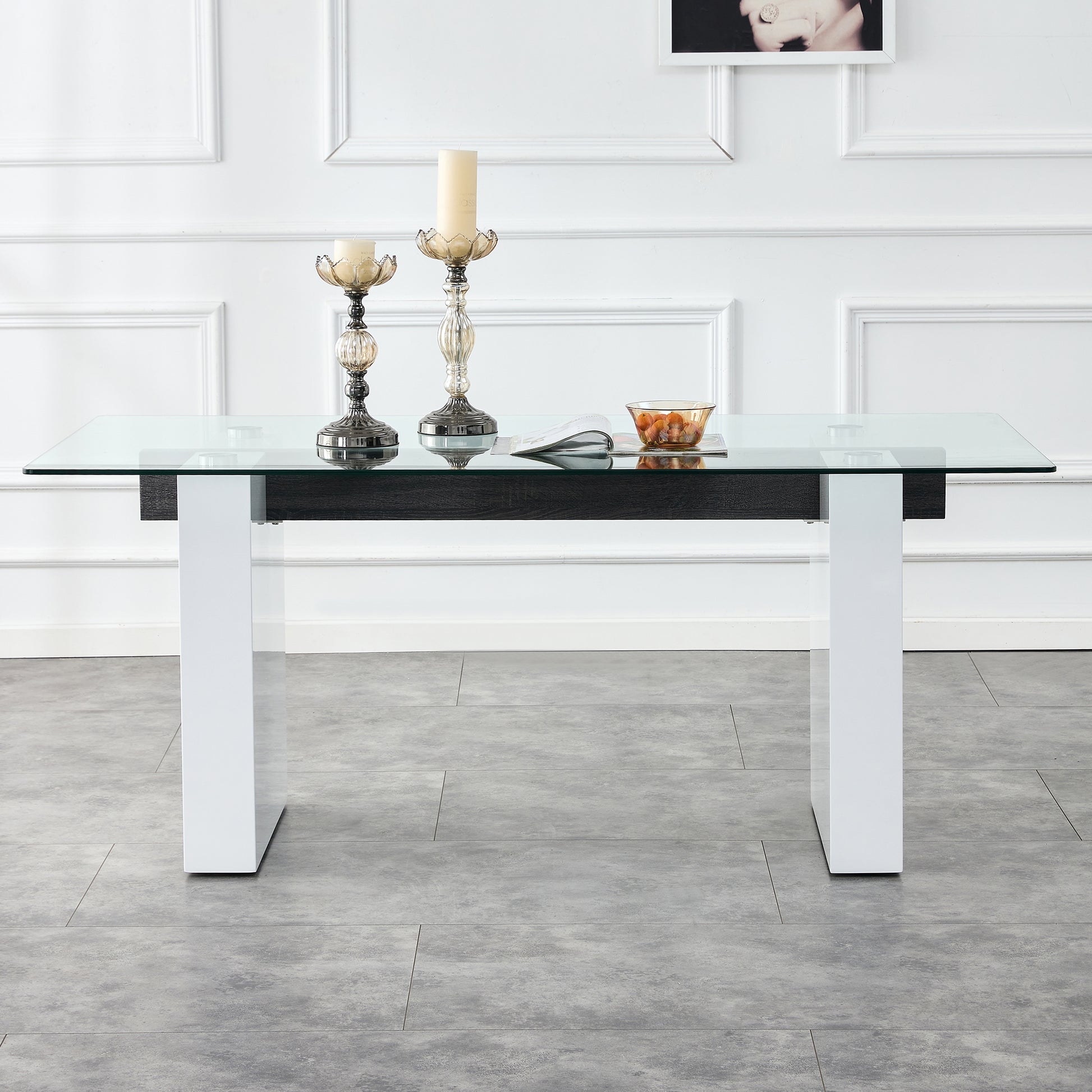 Large Modern Rectangular Table With 0.4 Inch Patterned Tabletop And Large Mdf Table Legs, Suitable For Kitchen, Dining Room, And Living Room 71 "* 35.4" * 30 " White Mdf Glass