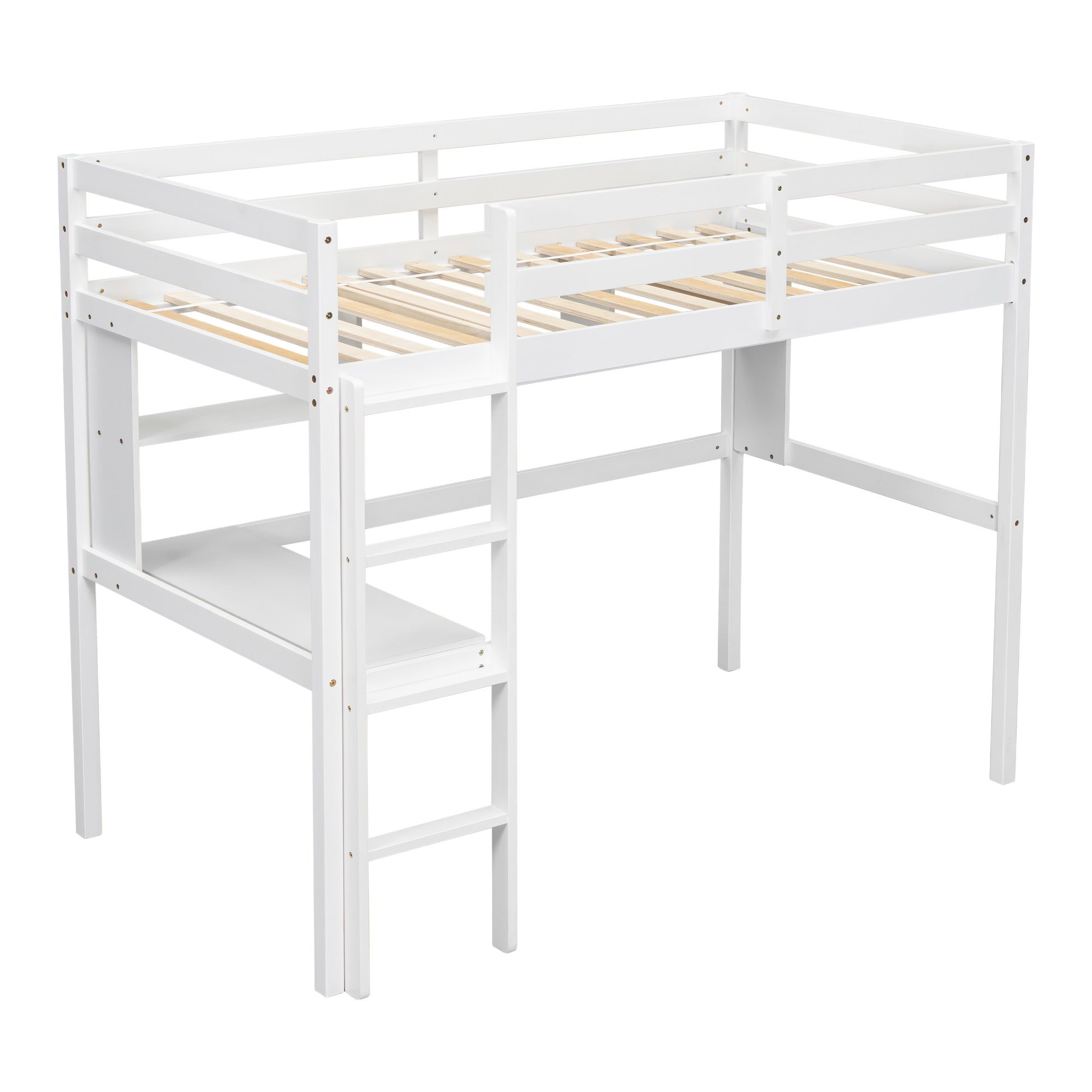 Twin Loft Bed With Built In Desk And Bookcase Of Three Compartments, Guardrails And Ladder,White Twin White Pine