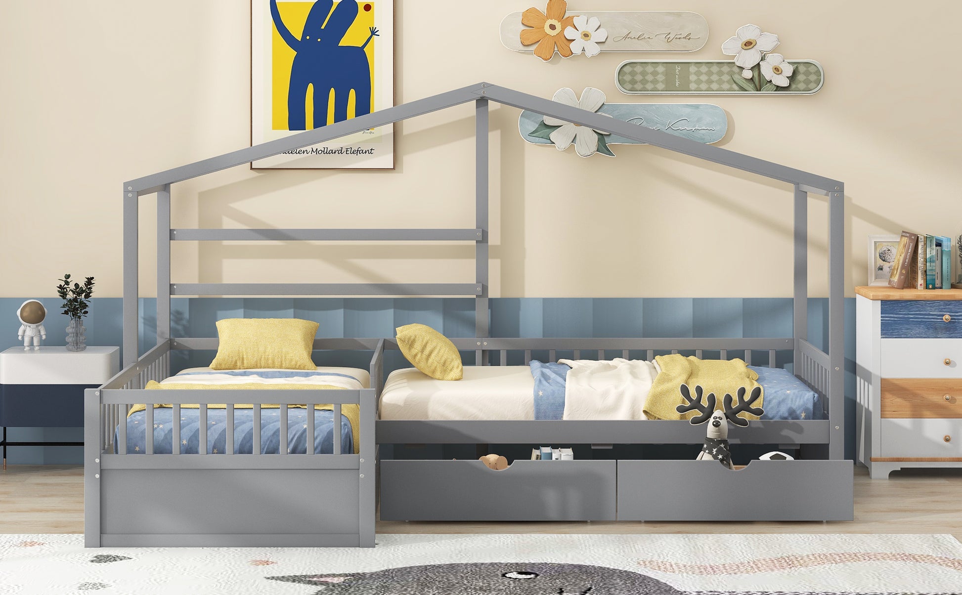 Twin Size House Platform Bed With Three Storage Drawers,Gray Box Spring Not Required Twin Gray Wood Bedroom Pine