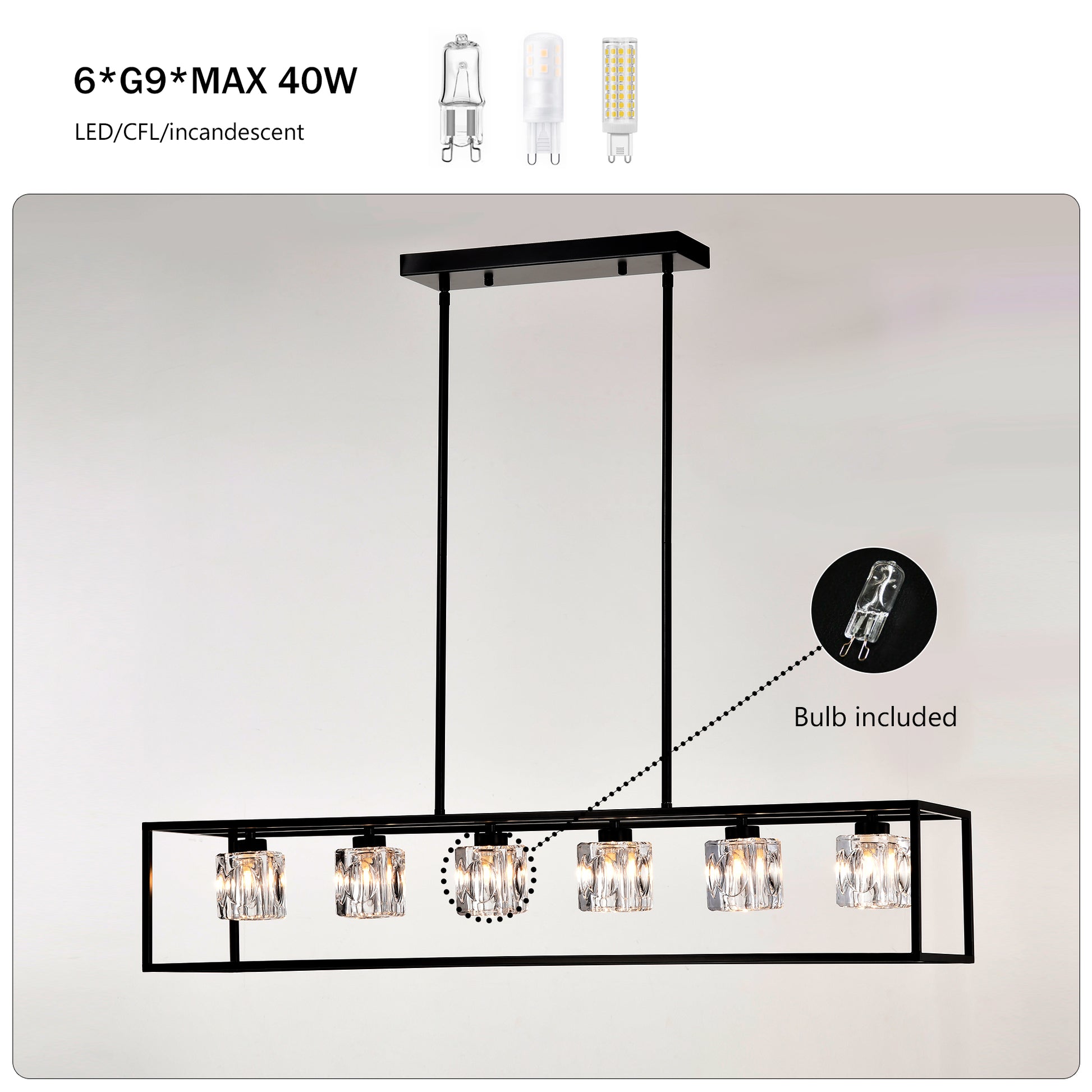 6 Light Farmhouse Chandelier, Modern Industrial Linear Rectangular Crystal Pendant Light Cage Chandelier For Dining Room,Kitchen Island, Bar, Long Table,G9*6 Bulbs Included Matte Black American