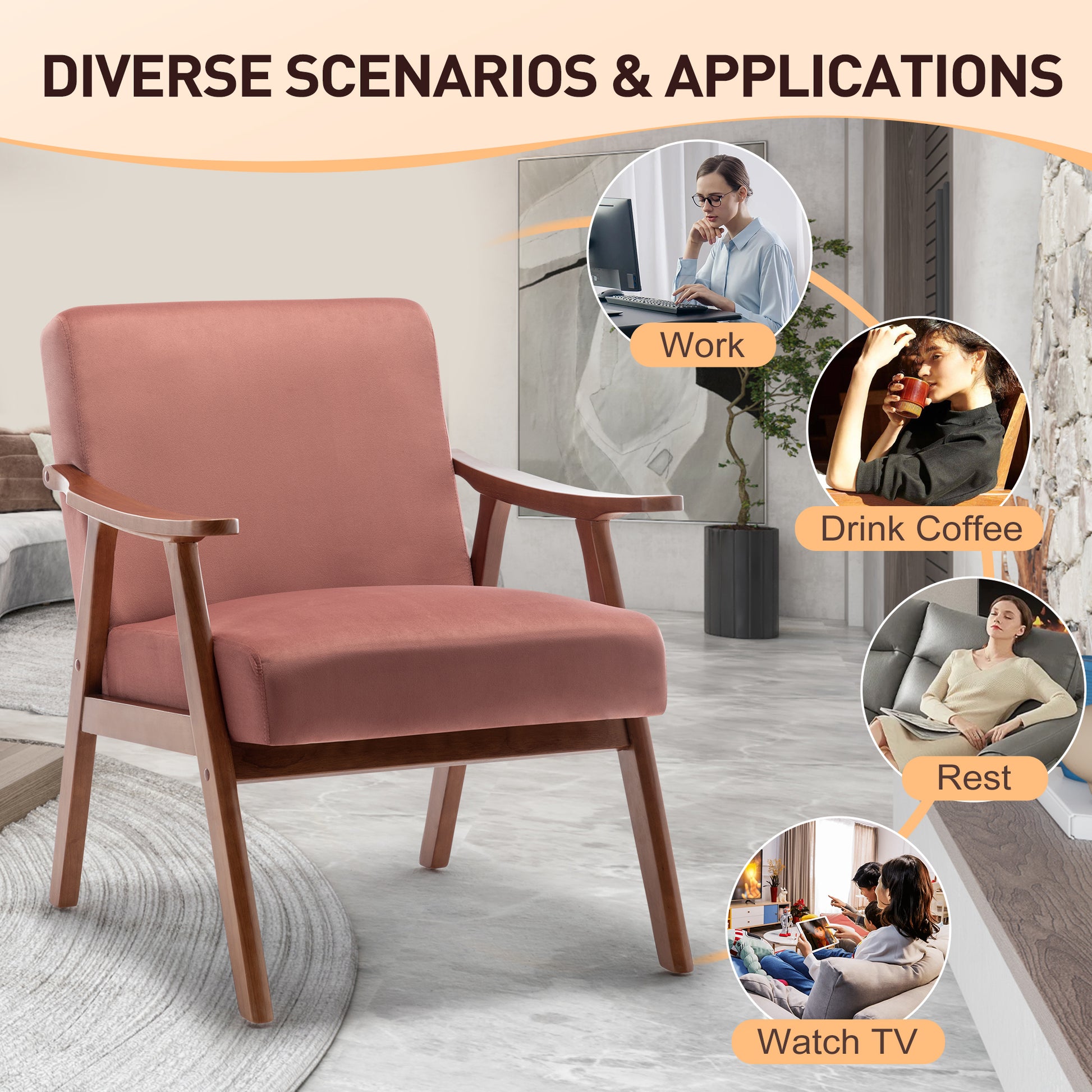 Mid Century Modern Chair, Living Room Chair With Solid Wood Frame, Accent Chair Extra Thick Backrest, Wingback Chair For Bedroom, Reading Room, Living Room, Lounge Chair Indoor Pink Primary Living Space Mid Century Modern Foam Velvet