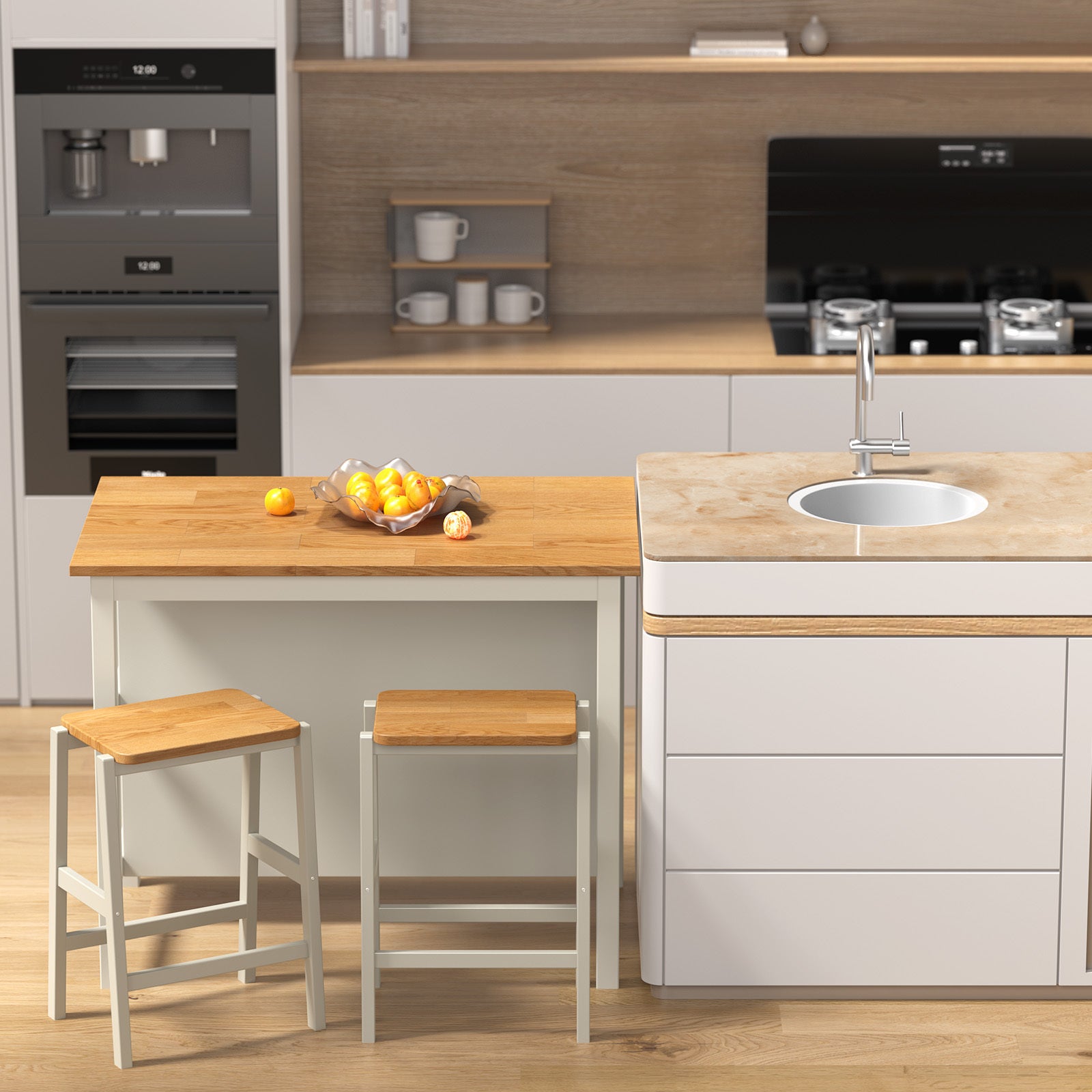 3 Pcs Dining Table Set Rustic Retro Breakfast Table Dining Stools Rubber Wood For 2 With Two Open Shelves For Small Space Kitchen Dining Room Cream White White Rubber Wood