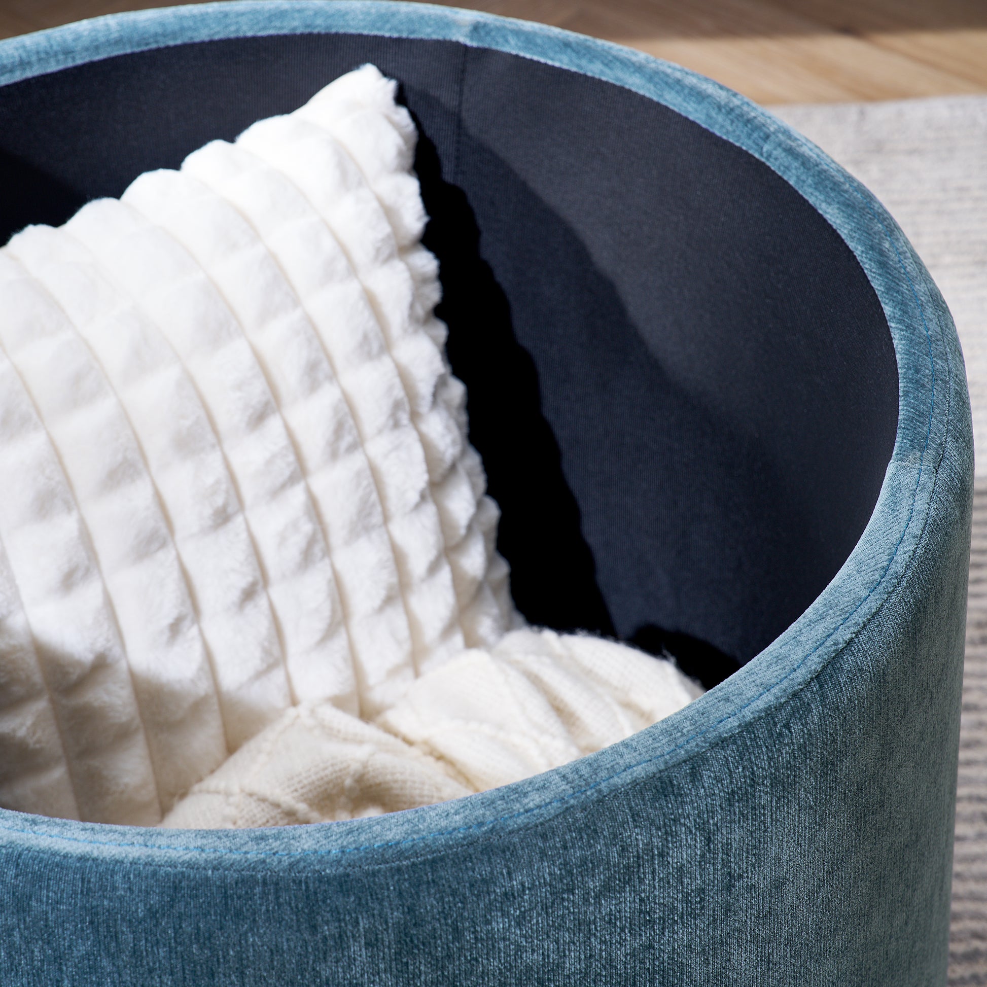 2 Piece Set Round Chenille Storage Ottoman, Equipped With A Drum Shaped Small Stool, Storage Space, And Mdf Made Desktop Panel Dark Blue23.62"X23.62"X16.53" Dark Blue Chenille