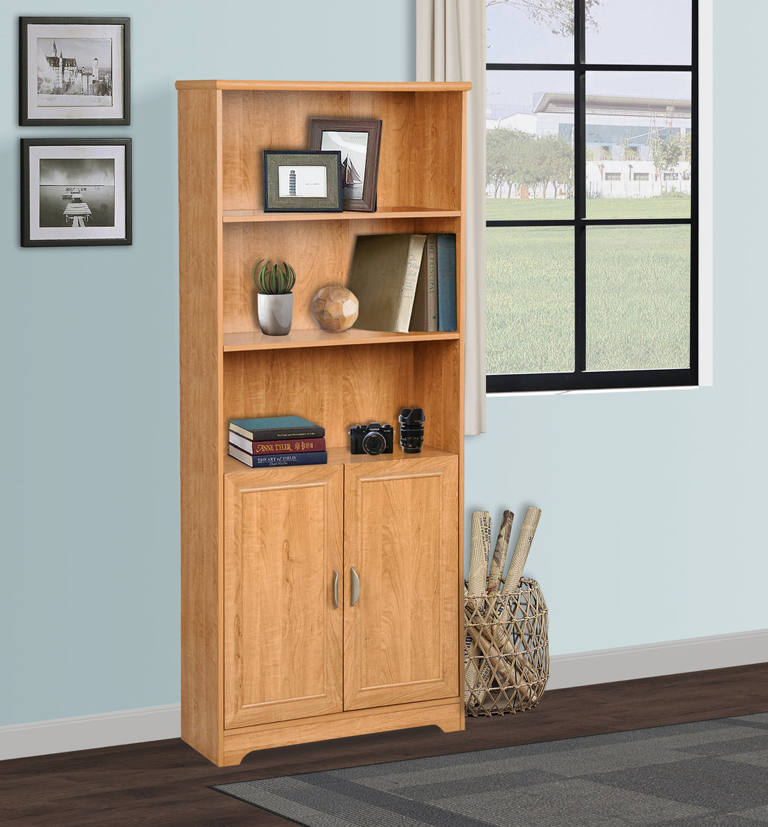 "5 Shelf Bookcase With Doors" Honey Maple Wooden Bookcase Adjustable Shelves, Contemporary Storage Unit With Metal Hardware For Home And Office Light Brown Solid Wood