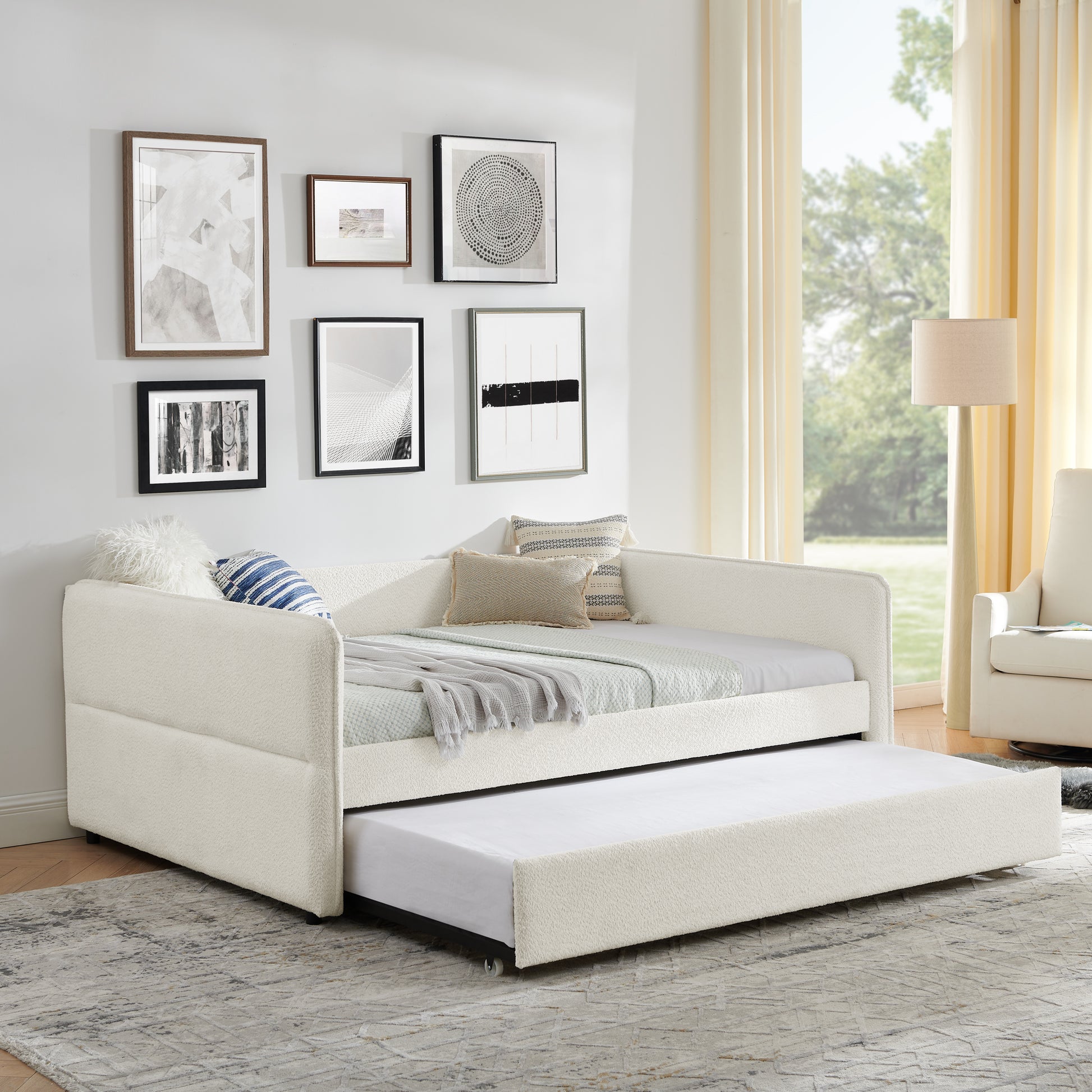 Daybed With Trundle Upholstered Tufted Sofa Bed, Full Size, Boucle Fabric, Beige 83"X58.5"X29.5" Beige Boucle