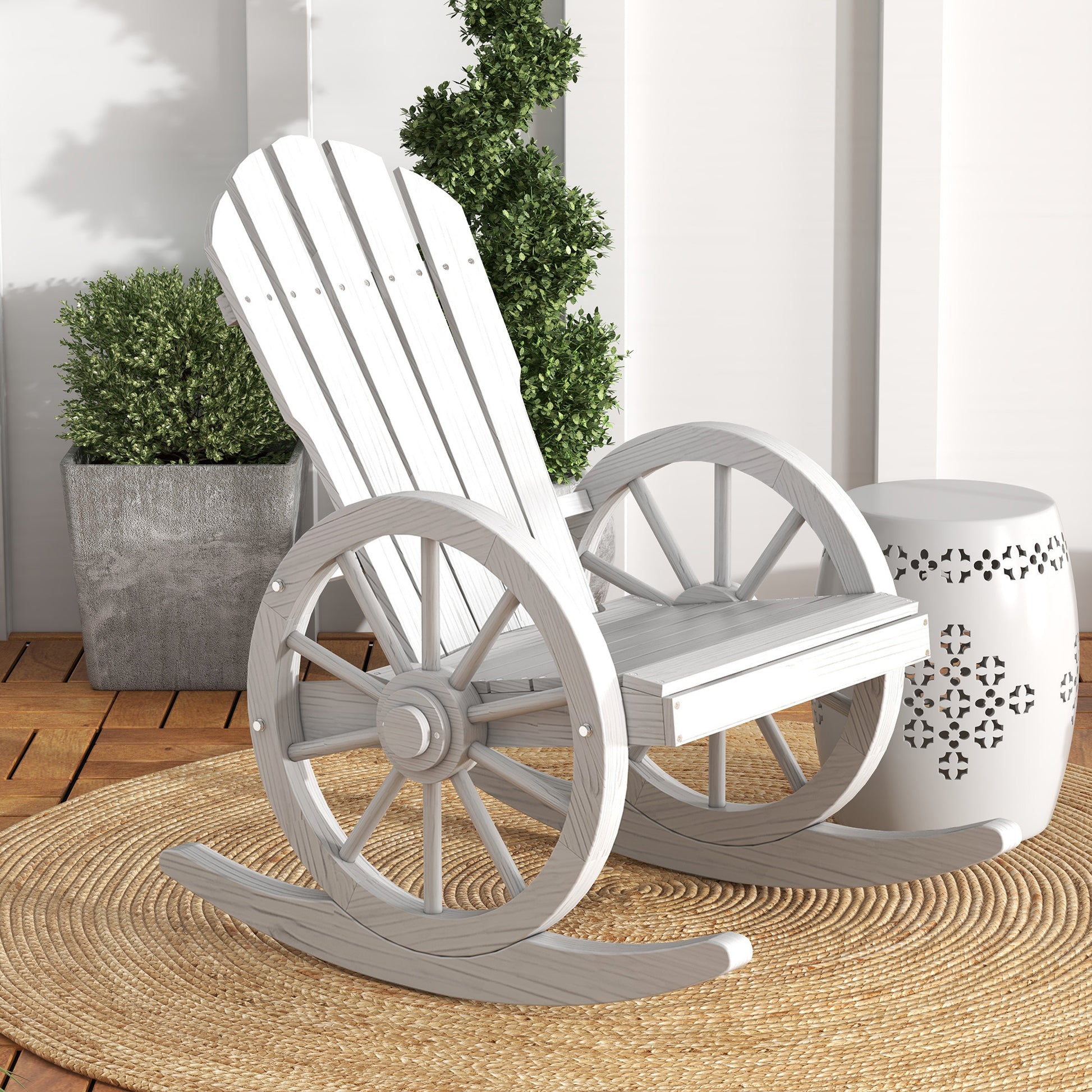 Outsunny Wooden Rocking Chair, Adirondack Rocker Chair W Slatted Design And Oversized Back, Outdoor Rocking Chair With Wagon Wheel Armrest For Porch, Poolside, And Garden, White White Wood