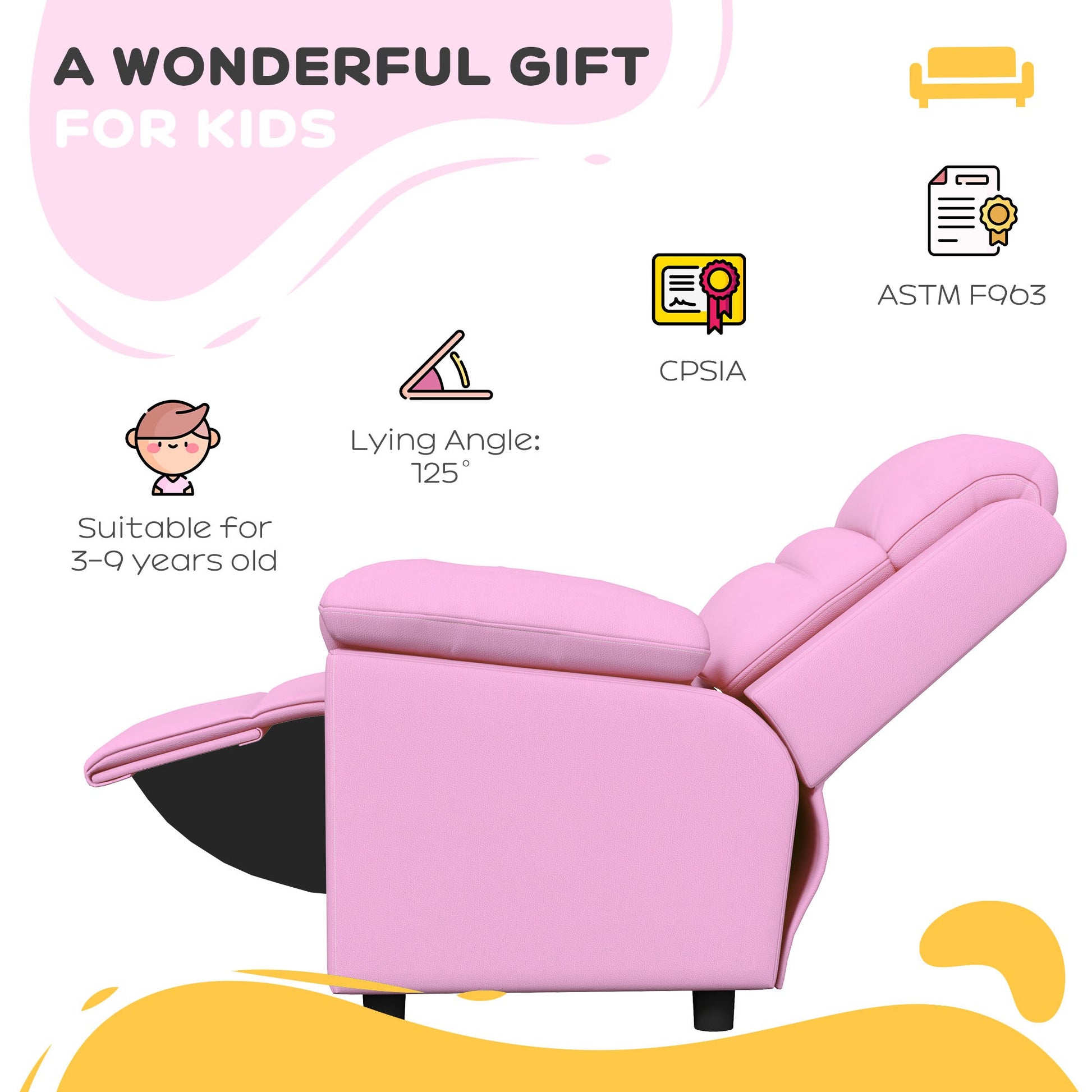 Qaba Kids Recliner Chair, Toddler Leather Sofa Lounge Chair With Armrest, Footrest, Headrest For Boys And Girls 3 9 Years Old, Pink Pink Foam