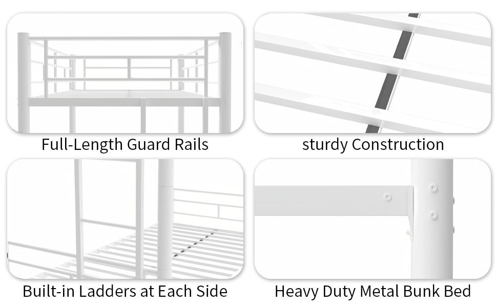 Bunk Bed Twin Over Twin Size With Ladder And High Guardrail, Able To Split, Metal Bunk Bed, Storage Space, Noise Free,White Box Spring Not Required Twin White Metal Metal