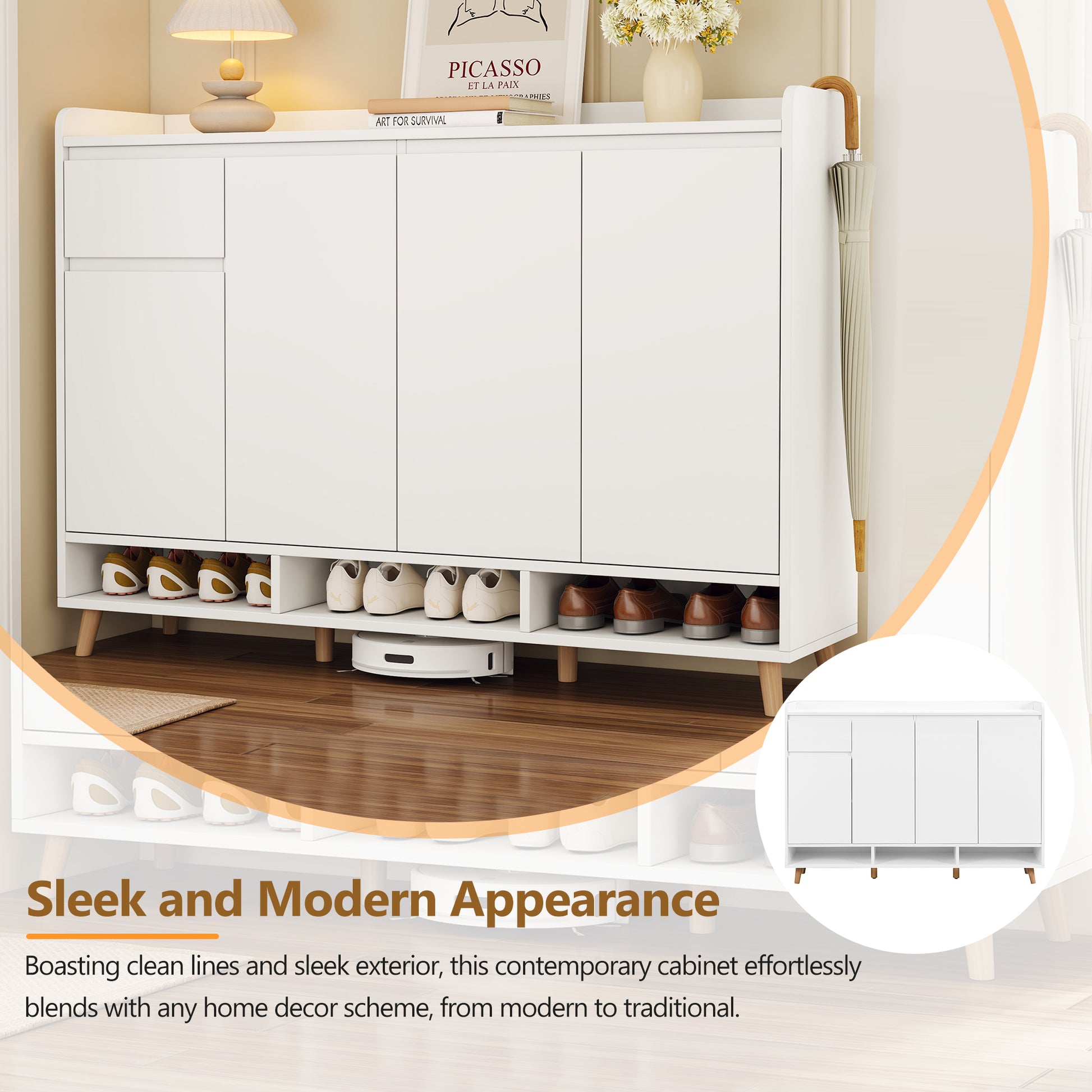 Sleek And Contemporary Shoe Cabinet With Adjustable Shelves, Minimalist Home Organizer With Solid Wood Legs, Storage Sideboard For Entryway, Living Room, White White Primary Living Space Particle Board