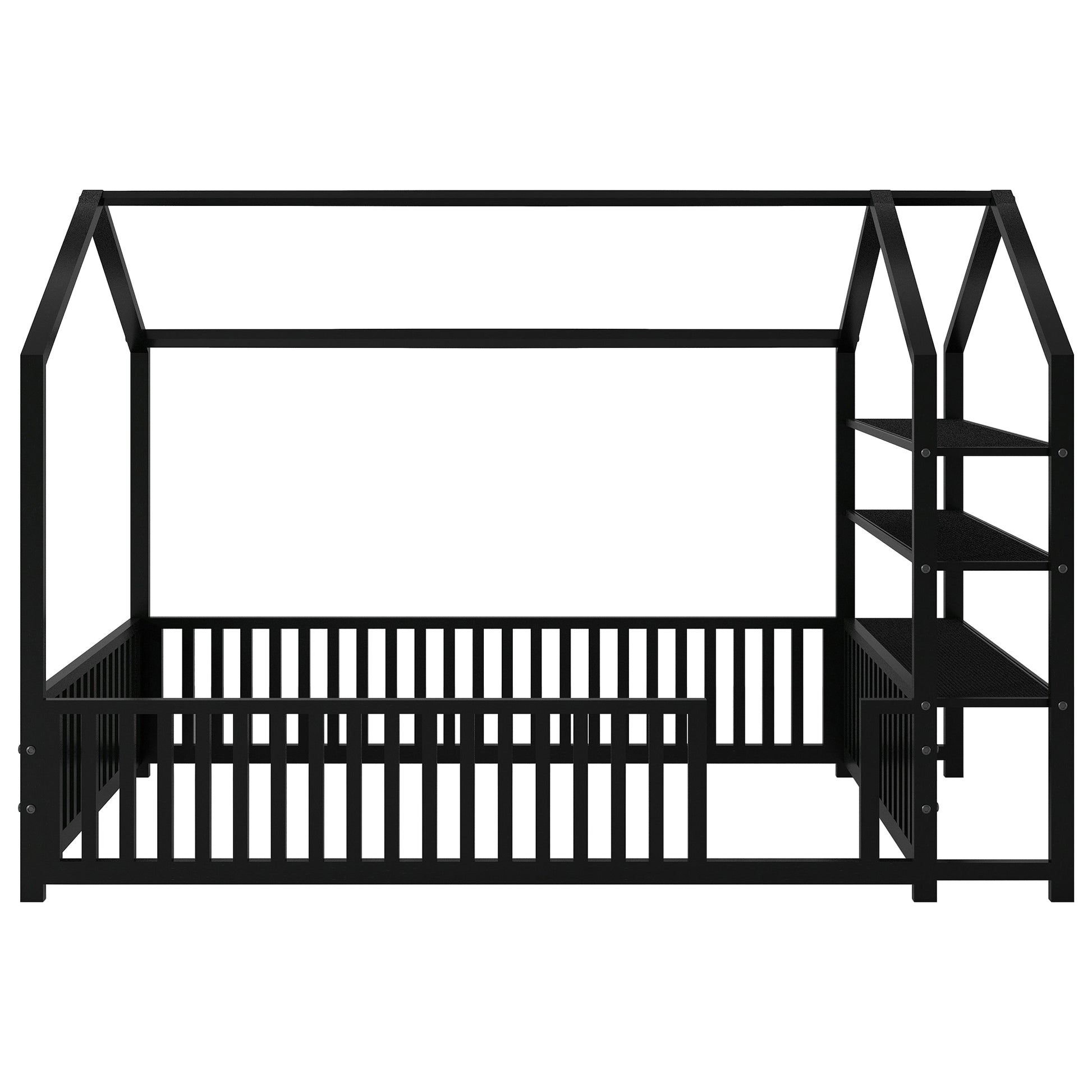 Full Size Metal House Bed With Fence And Detachable Storage Shelves, Black Full Black Metal