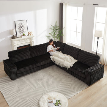 110 Inch Oversized Corduroy Corner Sofa,L Shaped Corner Couch With Two Storage Spaces,Usb Port & T Pyce Port And Cup Holderdeep Seat Comfy Upholstered Couches For Living Room Not Freely Combinable Black Corduroy 5 Seat