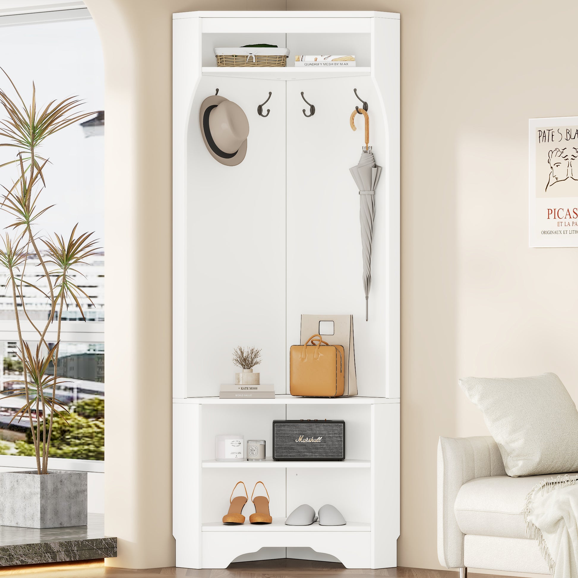 Minimalist Corner Hall Tree With Shoe Bench, Versatile Entryway Coat Rack With 4 Hooks, Corner Cabinet With Adjustable Shelf For Hallway, Living Room, White, 29.5''W*71.6''H White Particle Board