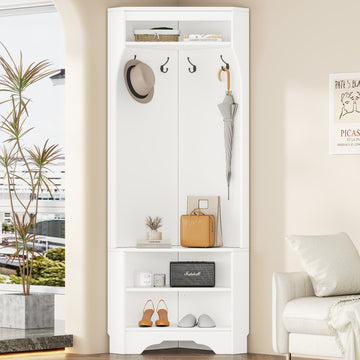 Minimalist Corner Hall Tree With Shoe Bench, Versatile Entryway Coat Rack With 4 Hooks, Corner Cabinet With Adjustable Shelf For Hallway, Living Room, White, 29.5''W*71.6''H White Particle Board