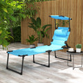 Outsunny Outdoor Lounge Chair, Adjustable Backrest Folding Chaise Lounge, Cushioned Tanning Chair W Sunshade Roof & Pillow Headrest For Beach, Camping, Hiking, Light Blue Light Blue Steel