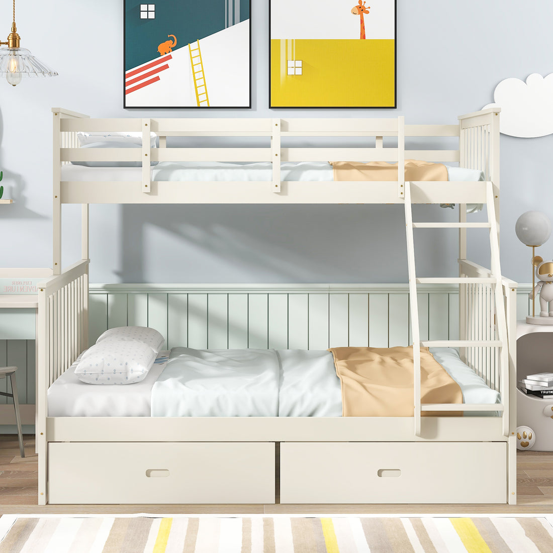 Twin Over Full Bunk Bed With Storage Drawers, Wooden Bunk Bed With Ladder And Safety Guard Rails Cream Full Cream Wood