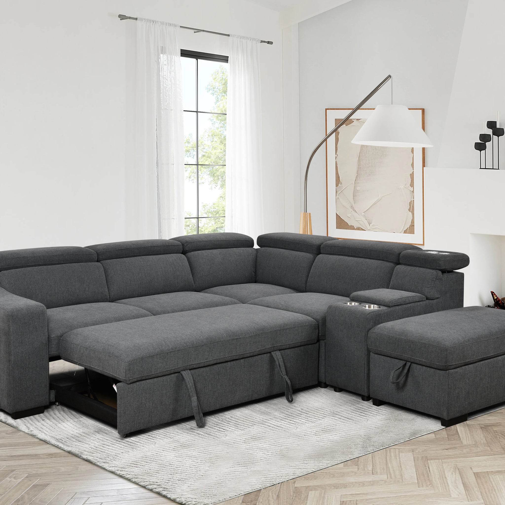 105"L Shape Sectional Sofa With Pull Out Bed And Ottoman Storage Space, Right Chaise Longue,Convertible Sleeper Couch, Tea W 2 Cup Holders & Storage & W Led, For Living Room, Apartment, Dark Gray