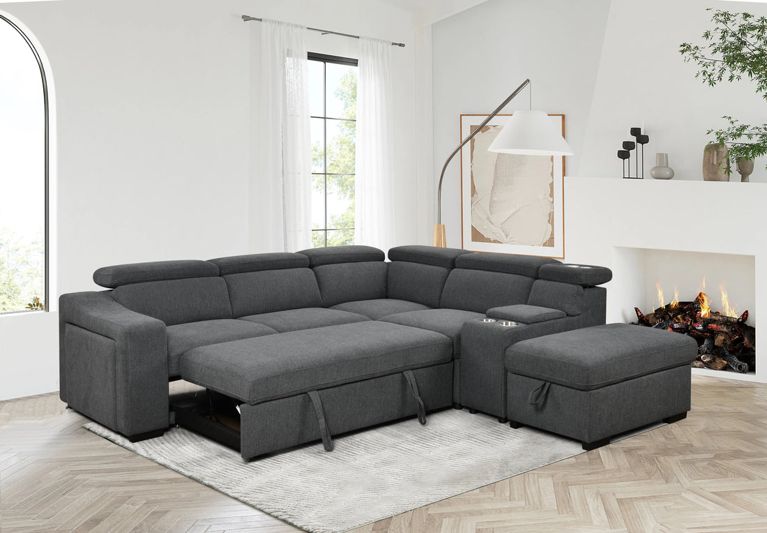 105"L Shape Sectional Sofa With Pull Out Bed And Ottoman Storage Space, Right Chaise Longue,Convertible Sleeper Couch, Tea W 2 Cup Holders & Storage & W Led, For Living Room, Apartment, Dark Gray