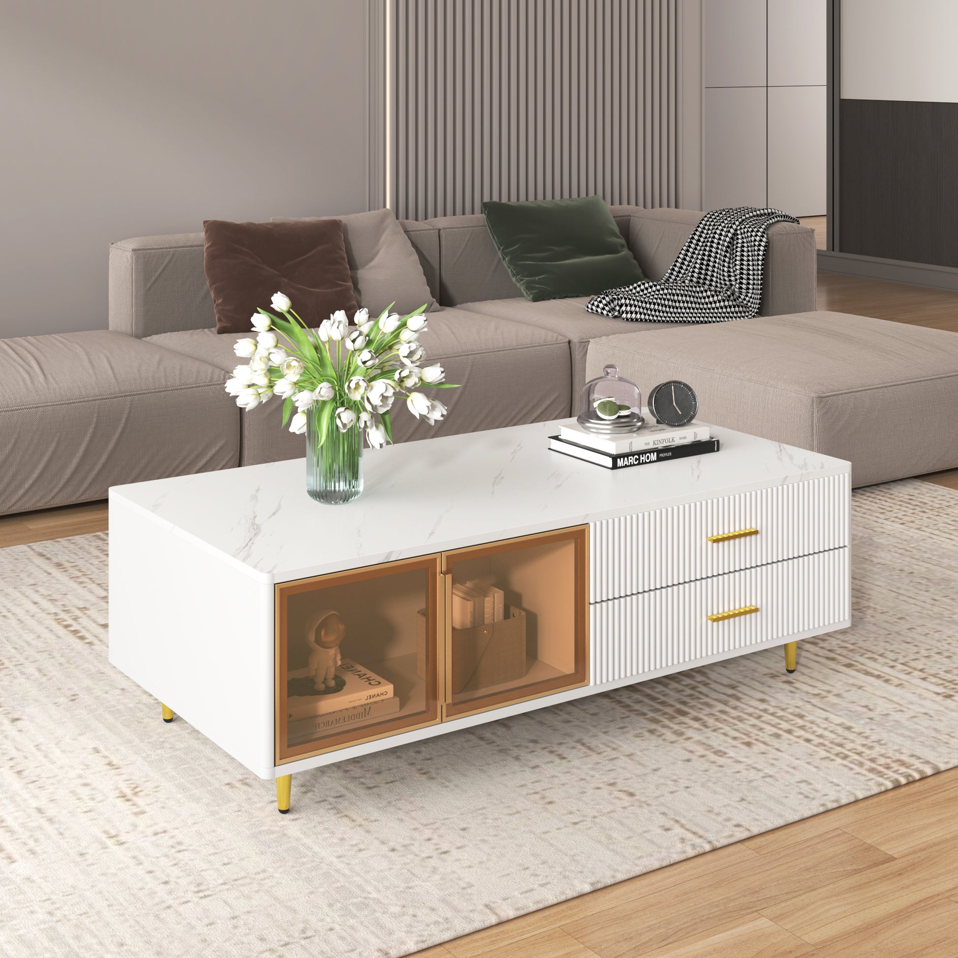 Modern White Coffee Table With 2 Glass Door Storage, 4 Drawers, Gold Metal Legs, And Multi Color Lighting In 47.2'' White Drawers Mdf