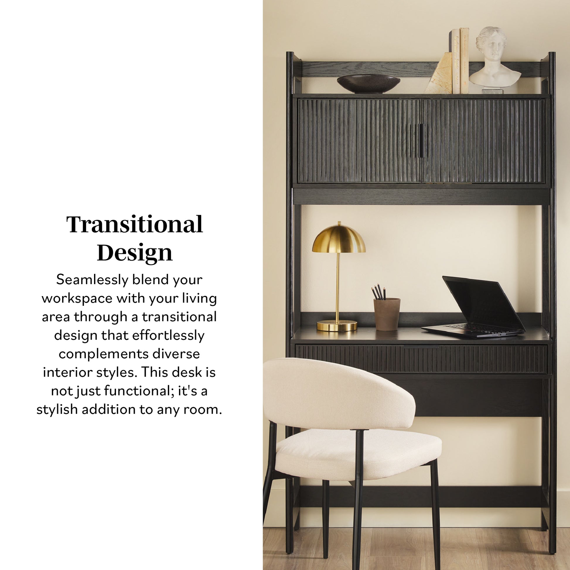 Transitional Reeded Desk With Hutch And Drawers Plus Tech Management Black Black Mdf Mdf