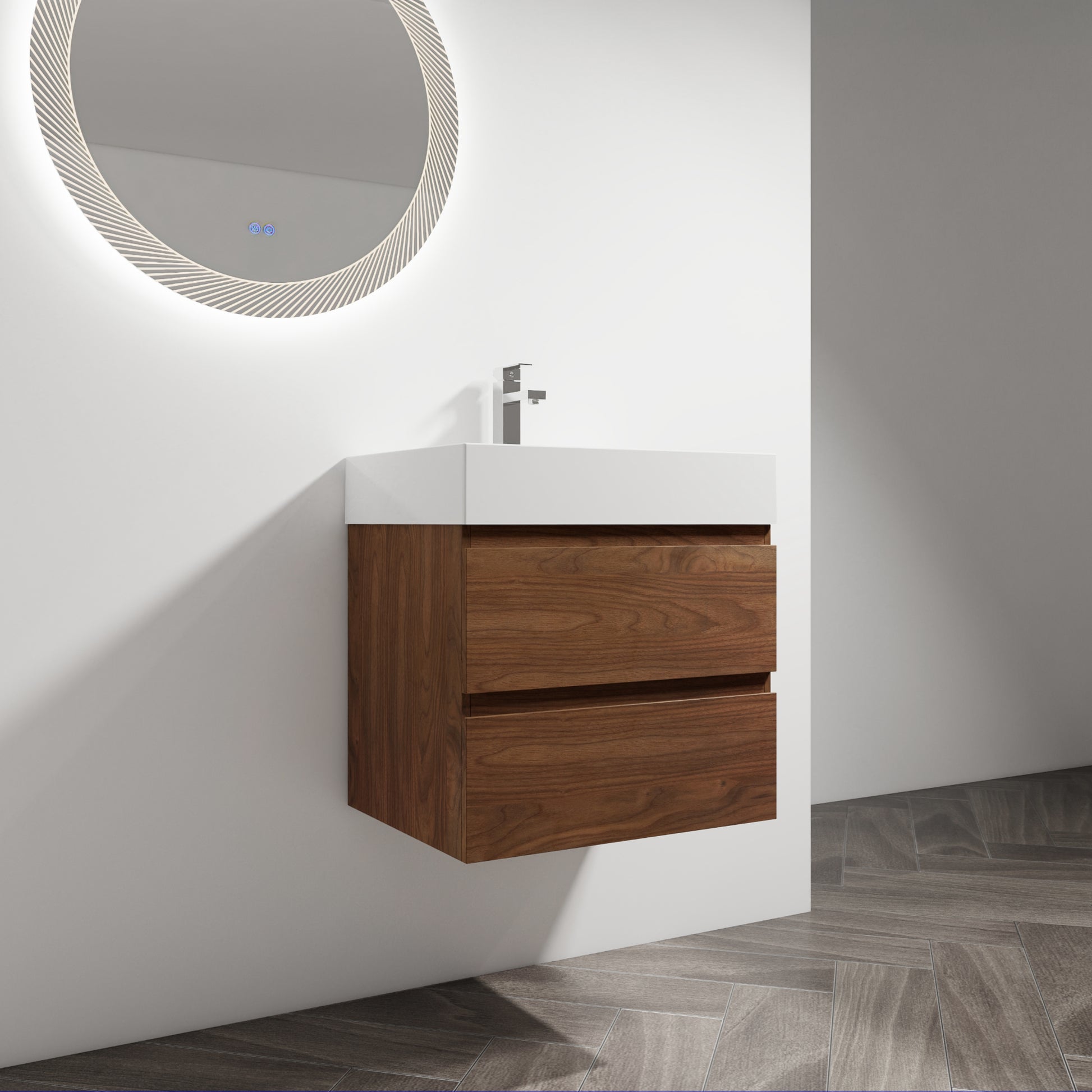 24" Wall Mounted Bathroom Vanity With Resin Sink, 2 Soft Close Drawers, Kd Package 2 Brown Oak Bathroom Wall Mounted Modern Plywood