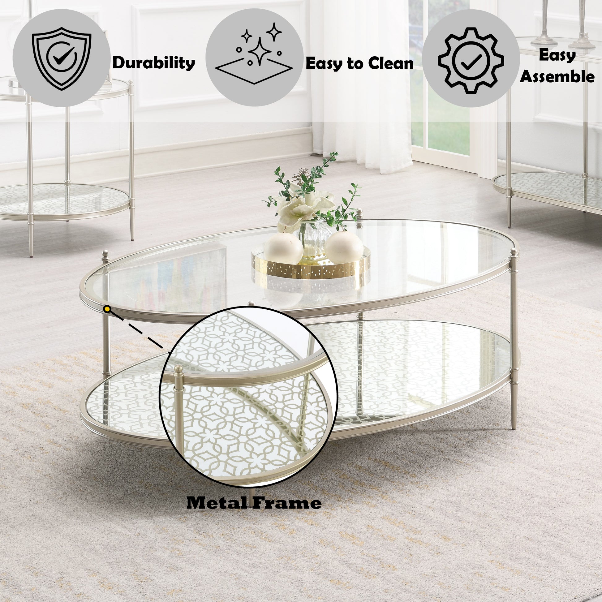 Zaba Coffee Table, Glass Top & Champagne Finish Lv02755 Champagne Glass Metal