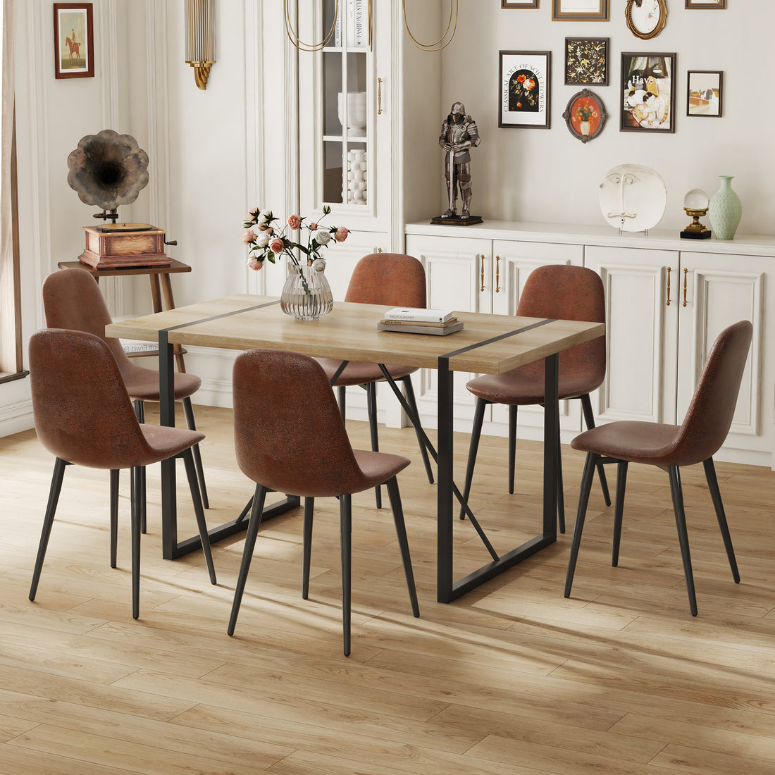 Table And Chair Set, Upholstered Side Chairs In A Modern Medieval Style, 6 Dark Gray Dining Chairs And A Rustic Industrial Rectangular Wood Color Mdf Dining Table. Brown Seats 6 Mdf