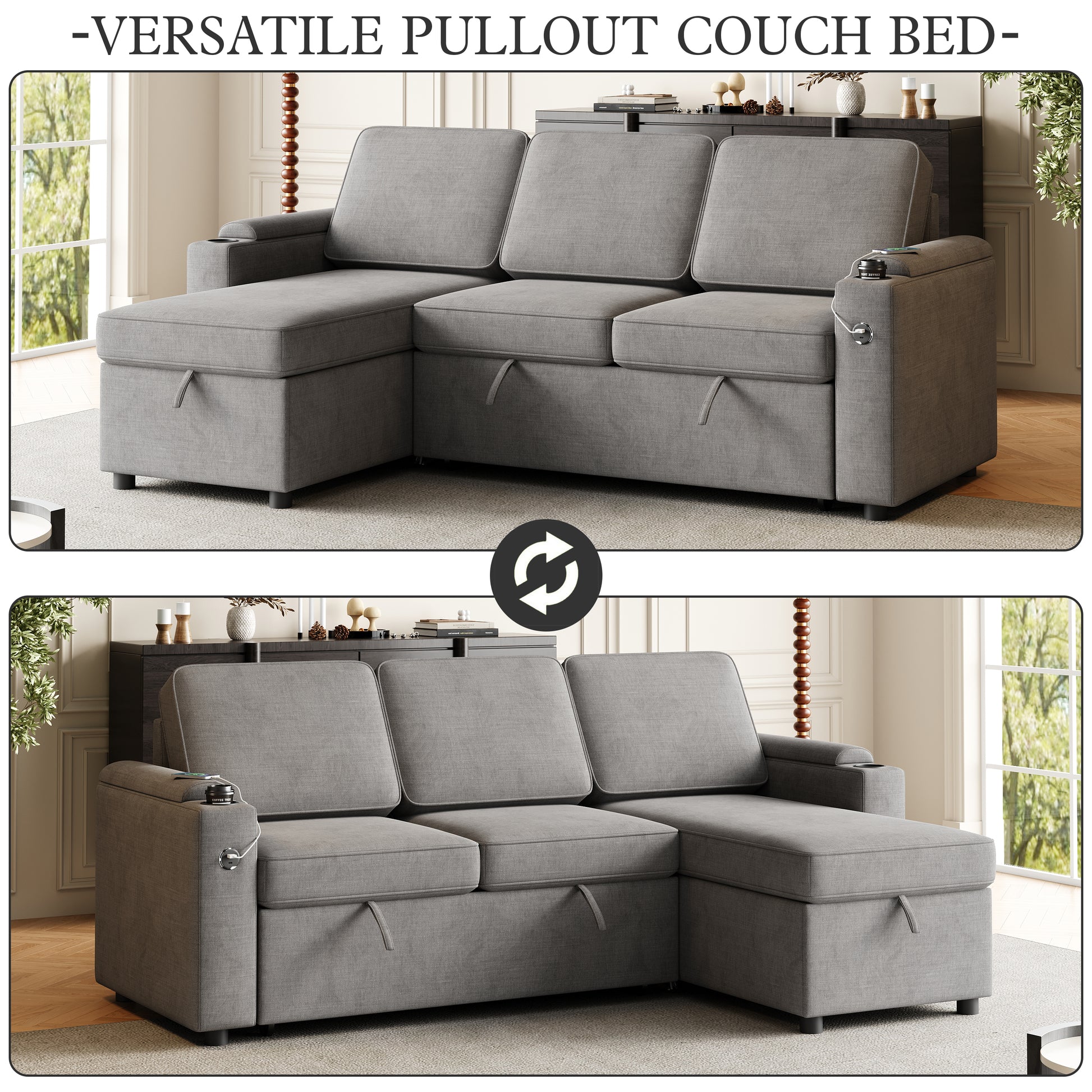 Mh85.8" Sleeper Sofa, Sofa Bed 2 In 1 Pull Out Sofa Bed With Storage Sofa, Sofa Sleeper With Pull Out Bed With Charging Port Dark Grey Polyester Primary Living Space Eucalyptus Polyester Fabric 3