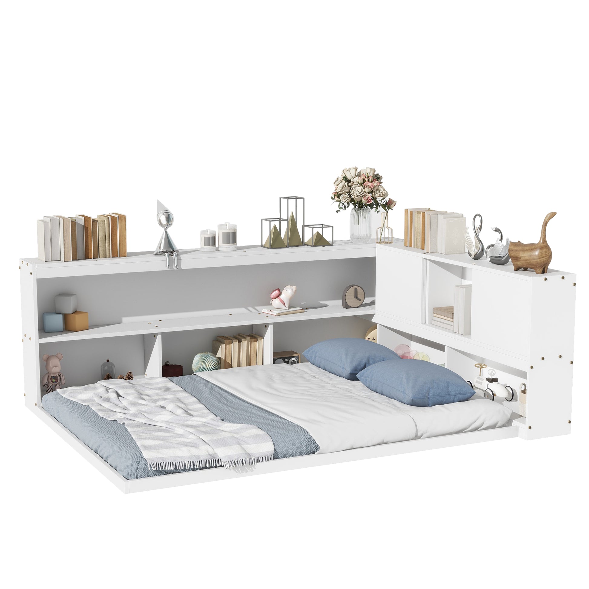 Full Floor Bed With L Shaped Bookcases, Sliding Doors,Without Slats,White Full White American Design Pine