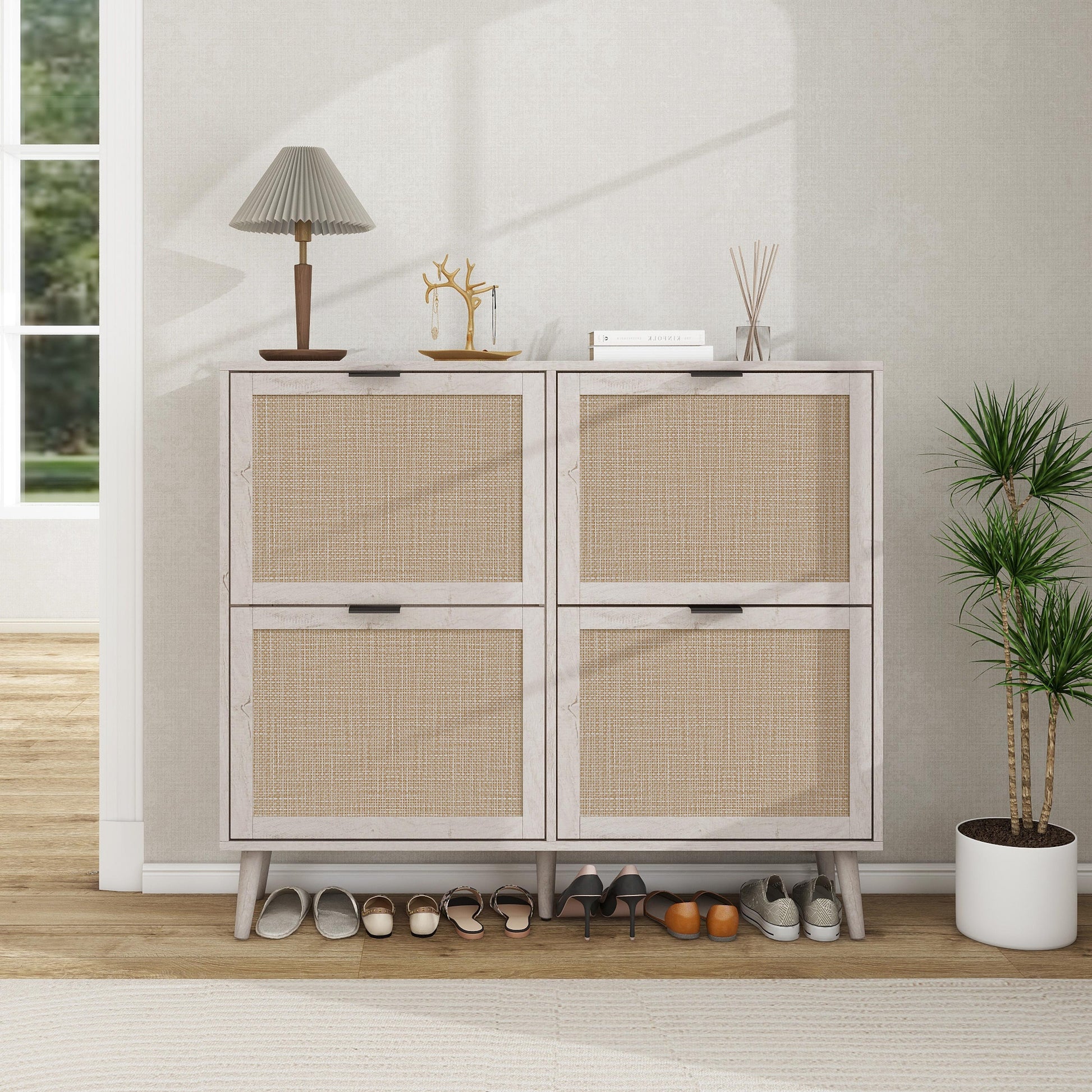 4 Door Shoe Rack, Freestanding Modern Shoe Storage Cabinet, For Entryway White Particle Board