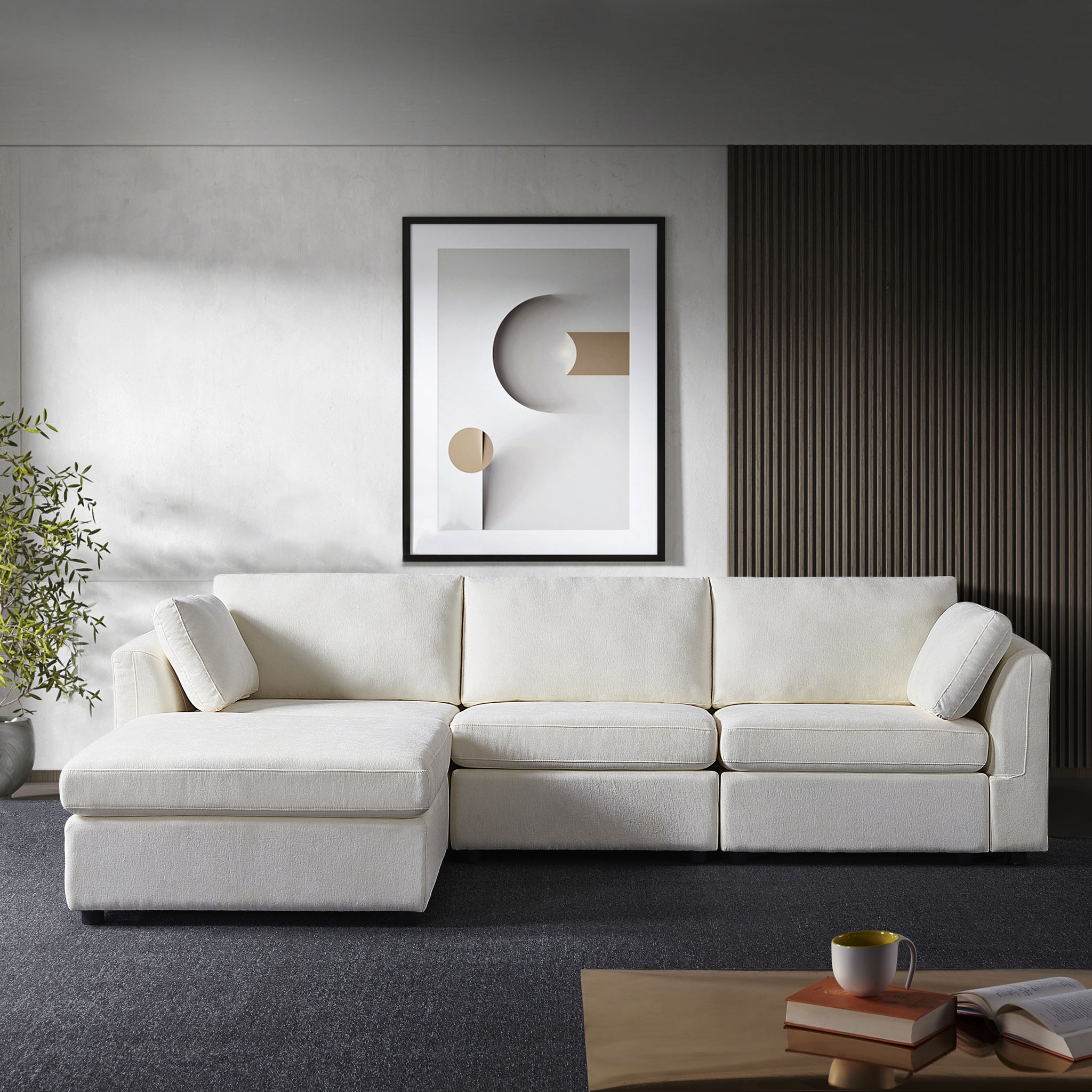 Modular Sofa Whitechenille Fabric, Simple And Grand, The Seat And Back Is Very Soft. This Is Also A Knock Down Sofa Creamy White White Chenille Wood Primary Living Space Medium Firm Light Duty Victorian Rectangle Acacia Rolled Arms Chenille 4 Seat