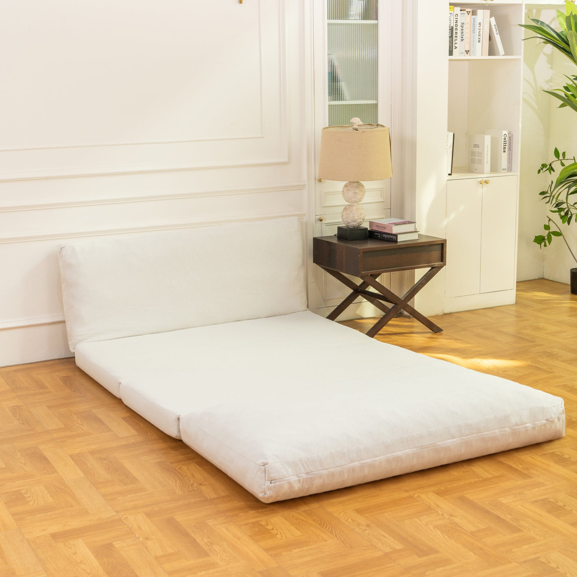 Large Folding Matress Sofa Bean Bag Bed, Foam Filling Folding Matress Sofa, Includes Removable And Machine Washable Cover, Soft Premium Faux Fur White Primary Living Space Soft Casual,Modern Foam Velvet 2 Seat
