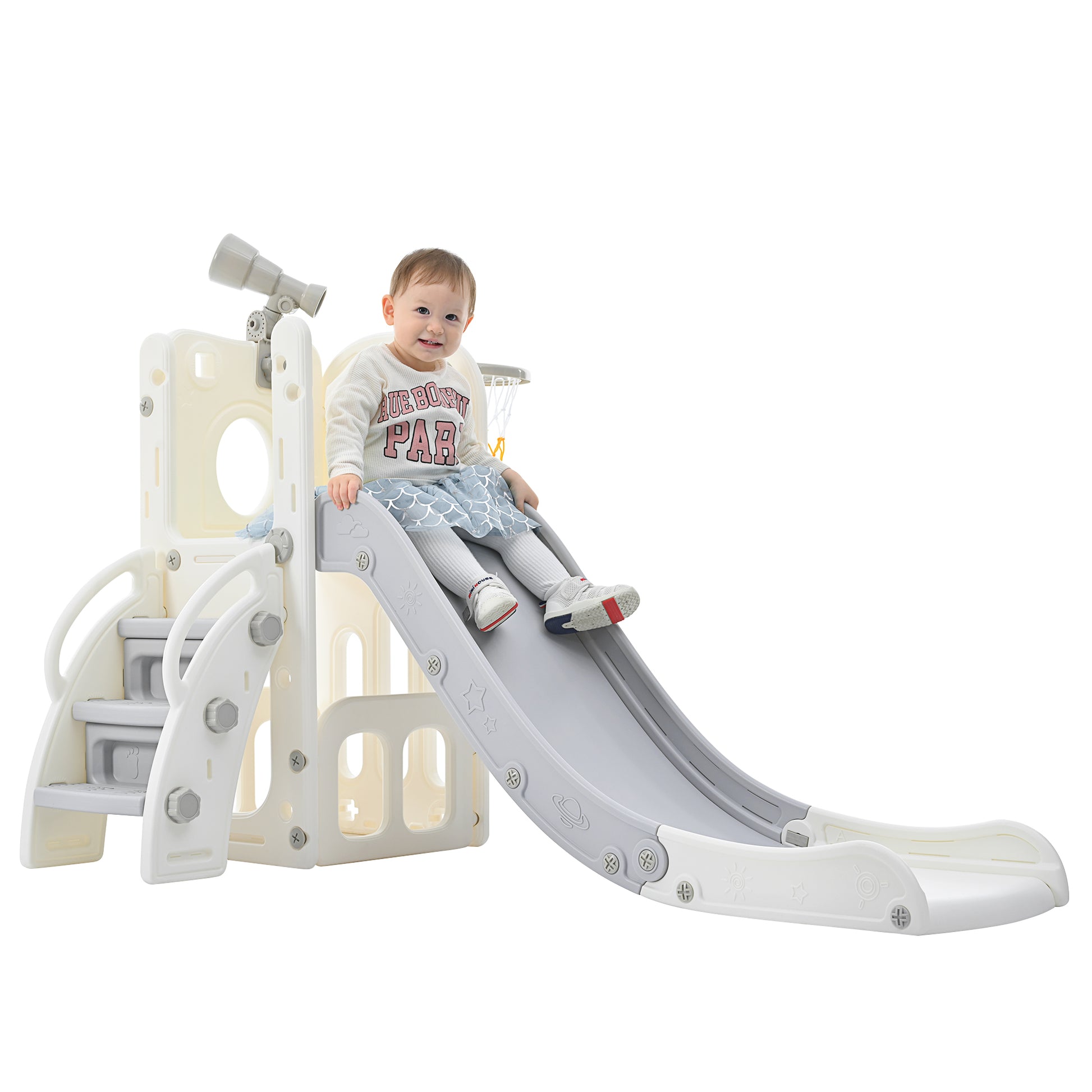 5 1 Toddler Slide Set, Freestanding Space Set With Slide, Kids Slide Playset Structure, Telescope And Basketball Hoop, Toy Storage Space, Kids Climbers Playground Grey White 50 99 Lbs Cute 1 To 2 Years Hdpe Indoor & Outdoor Use