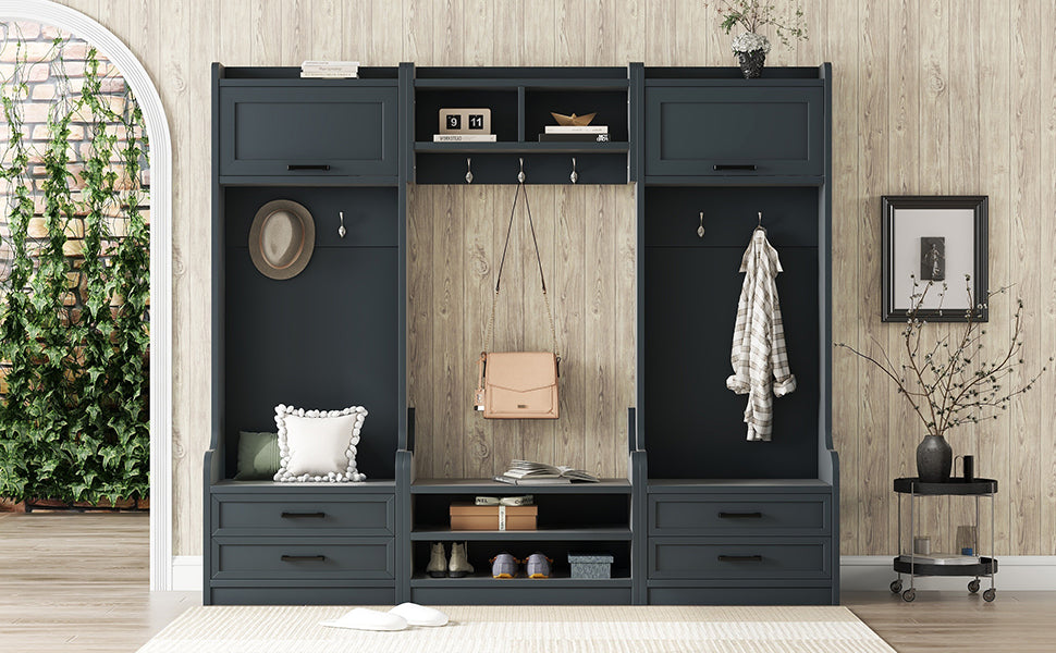 4 In 1 Detachable Hall Tree With Storage And 7 Hooks, Multiple Functions Hallway Coat Rack With Storage Drawers And Cabinet, Antique Blue Shoe Bench For Entryway Hallway Antique Blue Particle Board