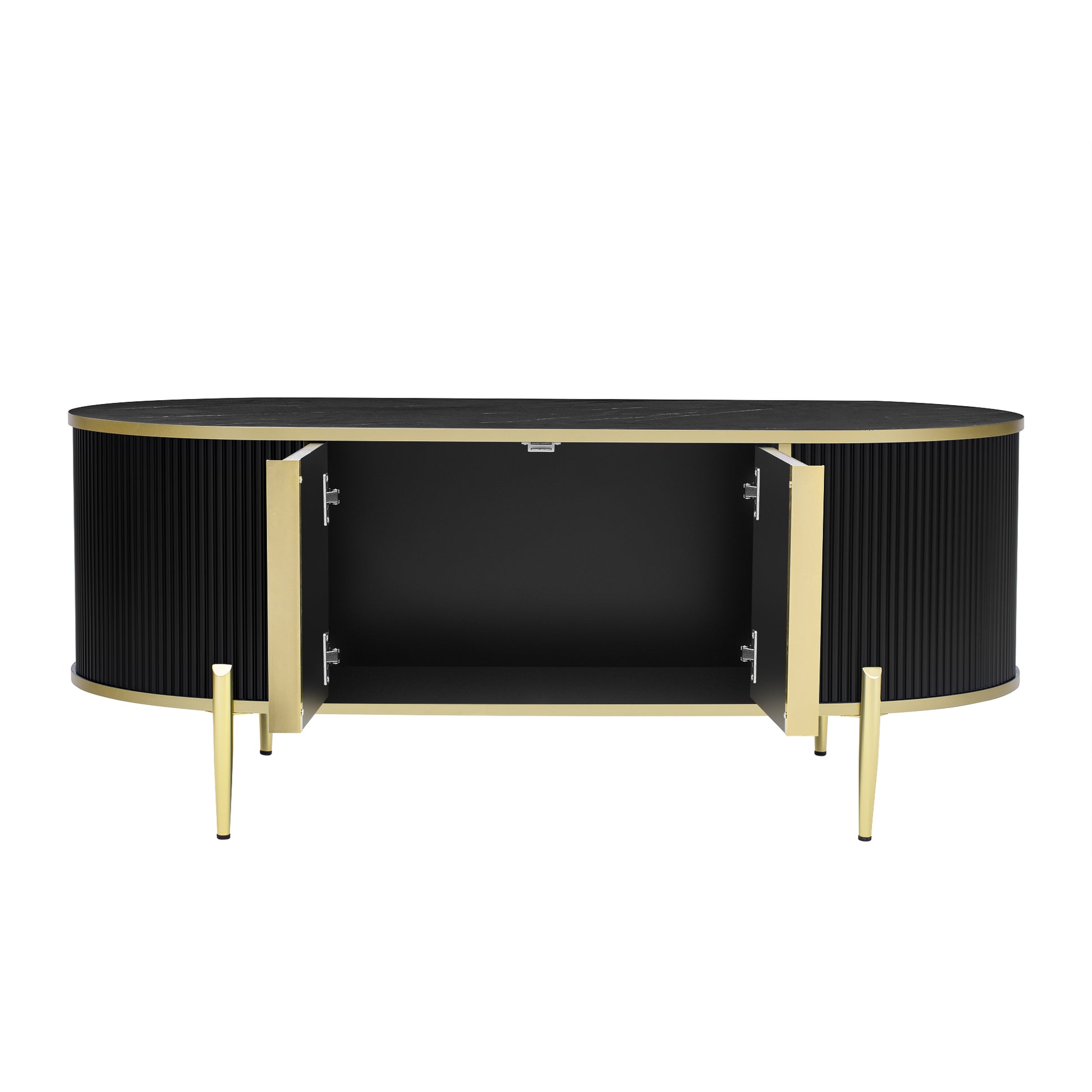 Modern Luxury Oval Shaped Fluted Coffee Table, Marble Patterned Top Coffee Table With 2 Cabinets, Metal Legs And Handles For Living Room, Black Date Of Expected Arrival: 11.20 Black Mdf