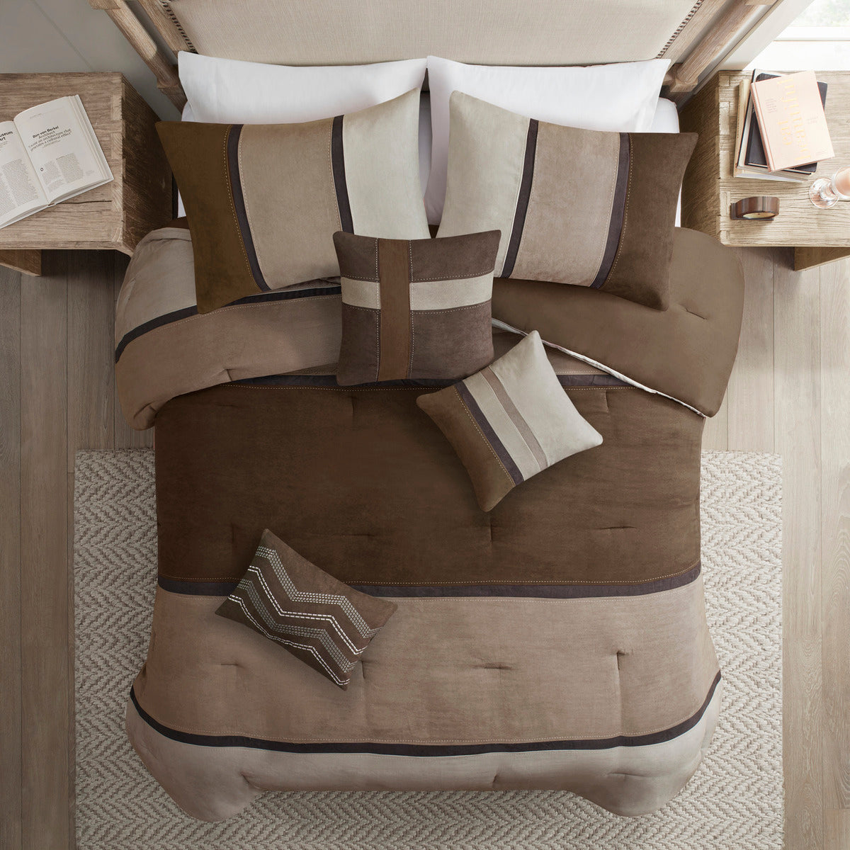 7 Piece Faux Suede Comforter Set Brown Queen Queen Brown Polyester