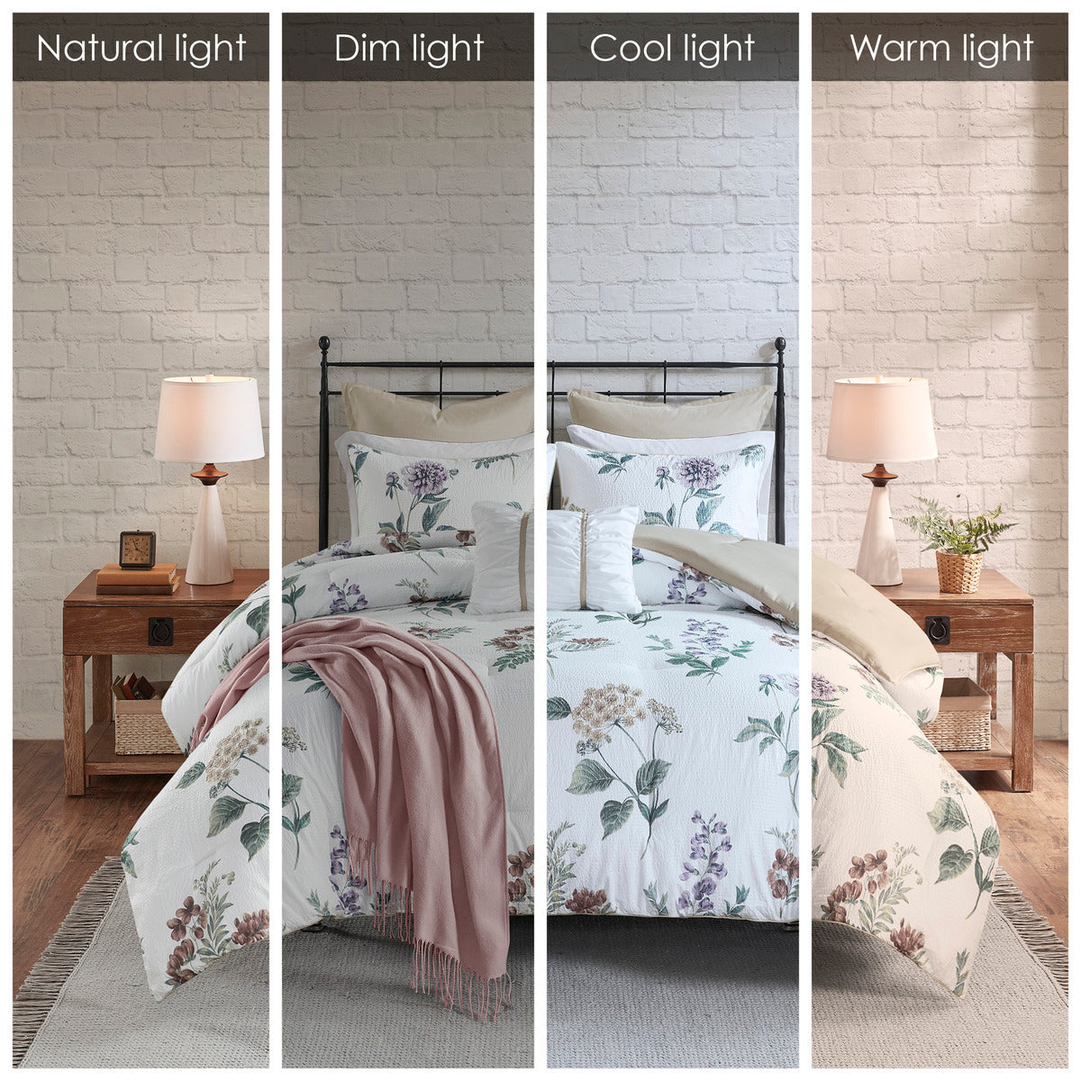 7 Piece Printed Seersucker Comforter Set With Throw Blanket Taupe Blush King Cal King Multicolor Polyester