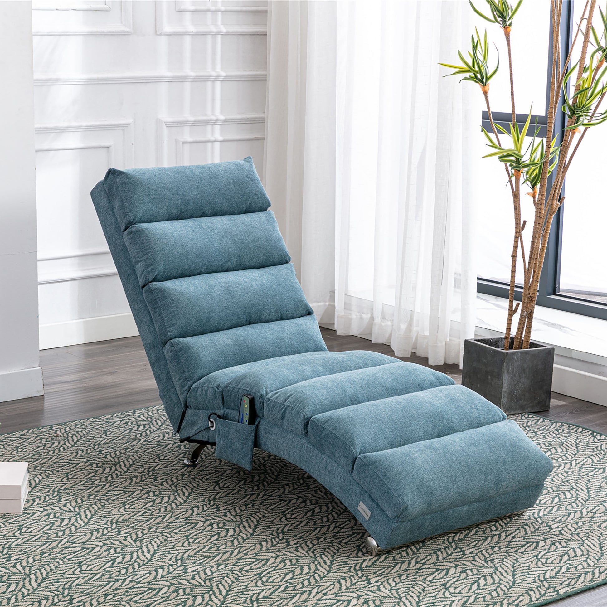 Coolmore Linen Massage Chaise Lounge Indoor With Remote Control,Ergonomic Electric Massage Long Lounger With 5 Modes For Office, Living Room,Bedroom Blue Blue Foam Linen