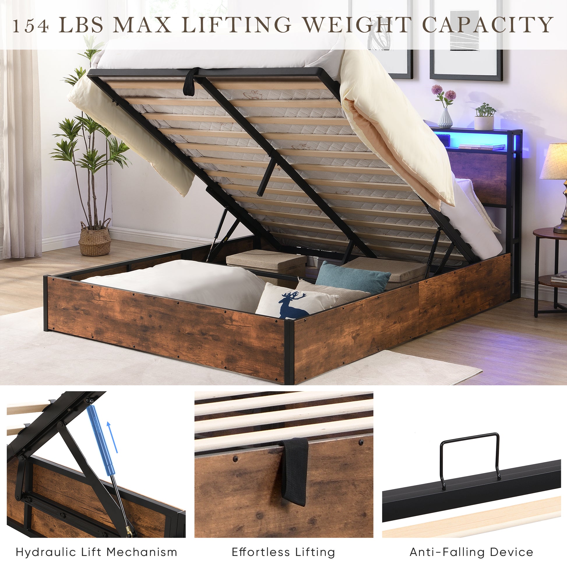 Lift Up Storage Bed Frame, Queen Size Bed Frame With Bookcase Headboard & Led Lights, Wooden Platform Bed Frame With Charging Station, No Spring Box Needed, Rustic Brown Box Spring Not Required Queen Rustic Brown Metal Brown Bedroom Industrial Bed Frame